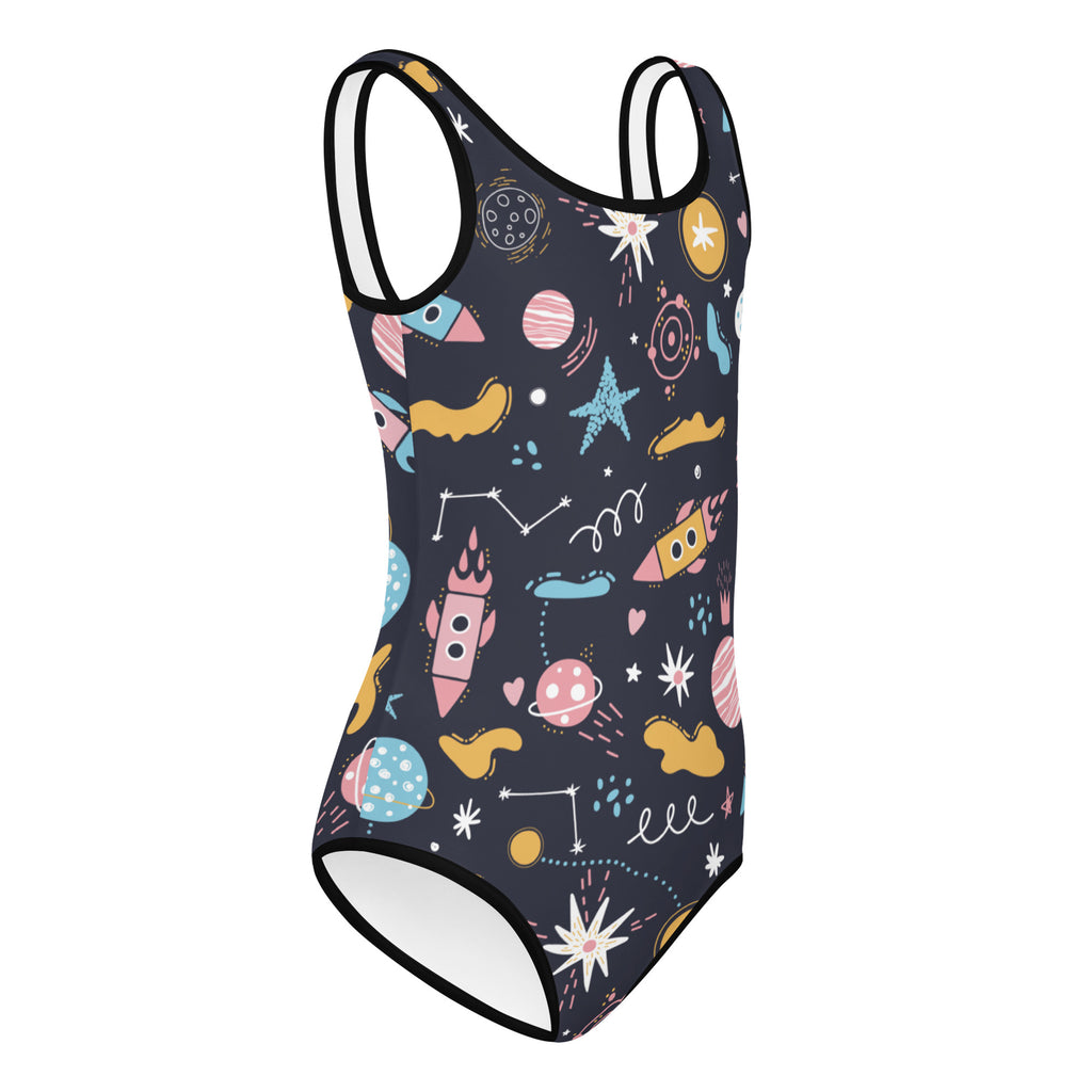Dark navy girls outer space buttery soft leotard with colorful rocket and planet pattern quick drying for dance and gymnastics