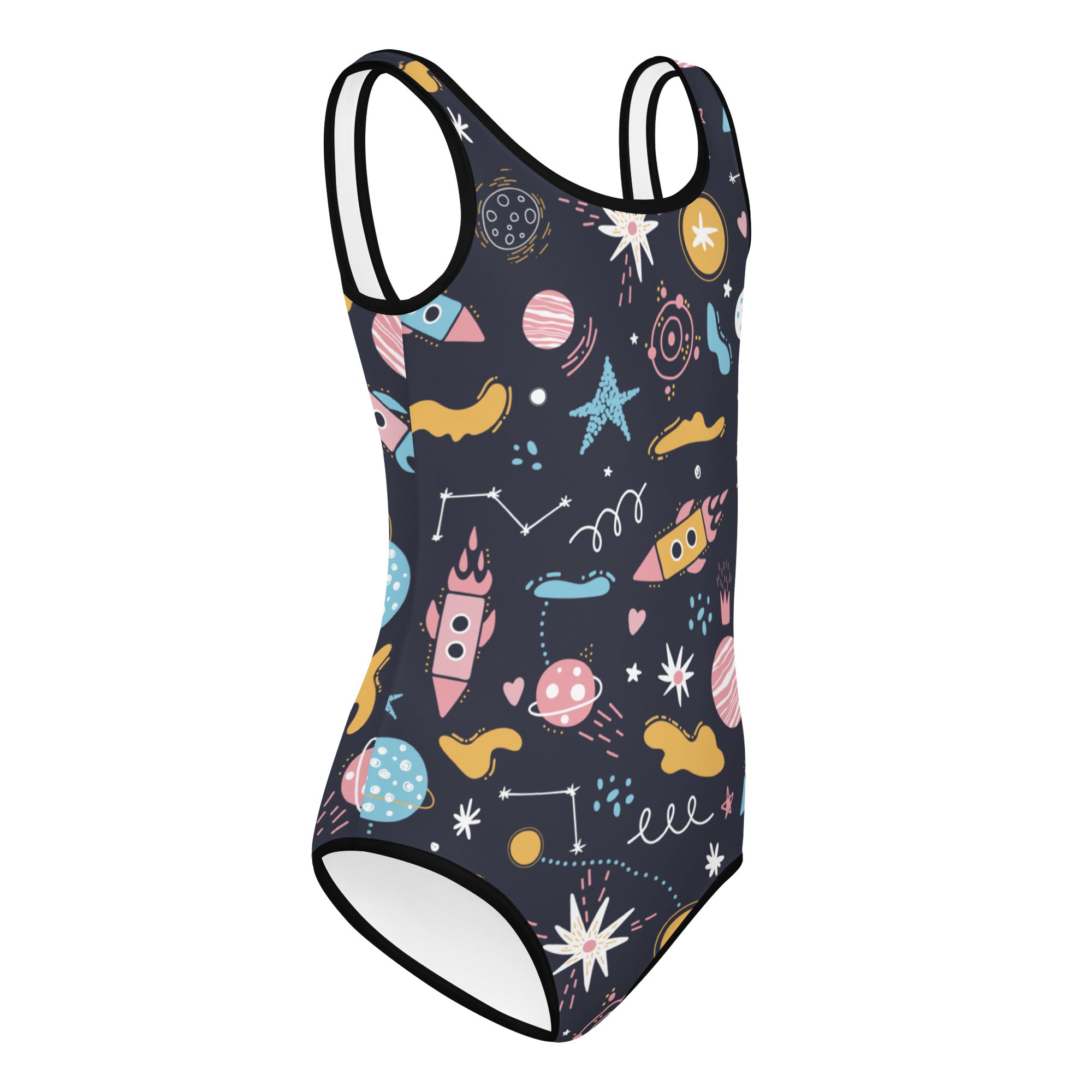 Dark navy girls outer space buttery soft leotard with colorful rocket and planet pattern quick drying for dance and gymnastics