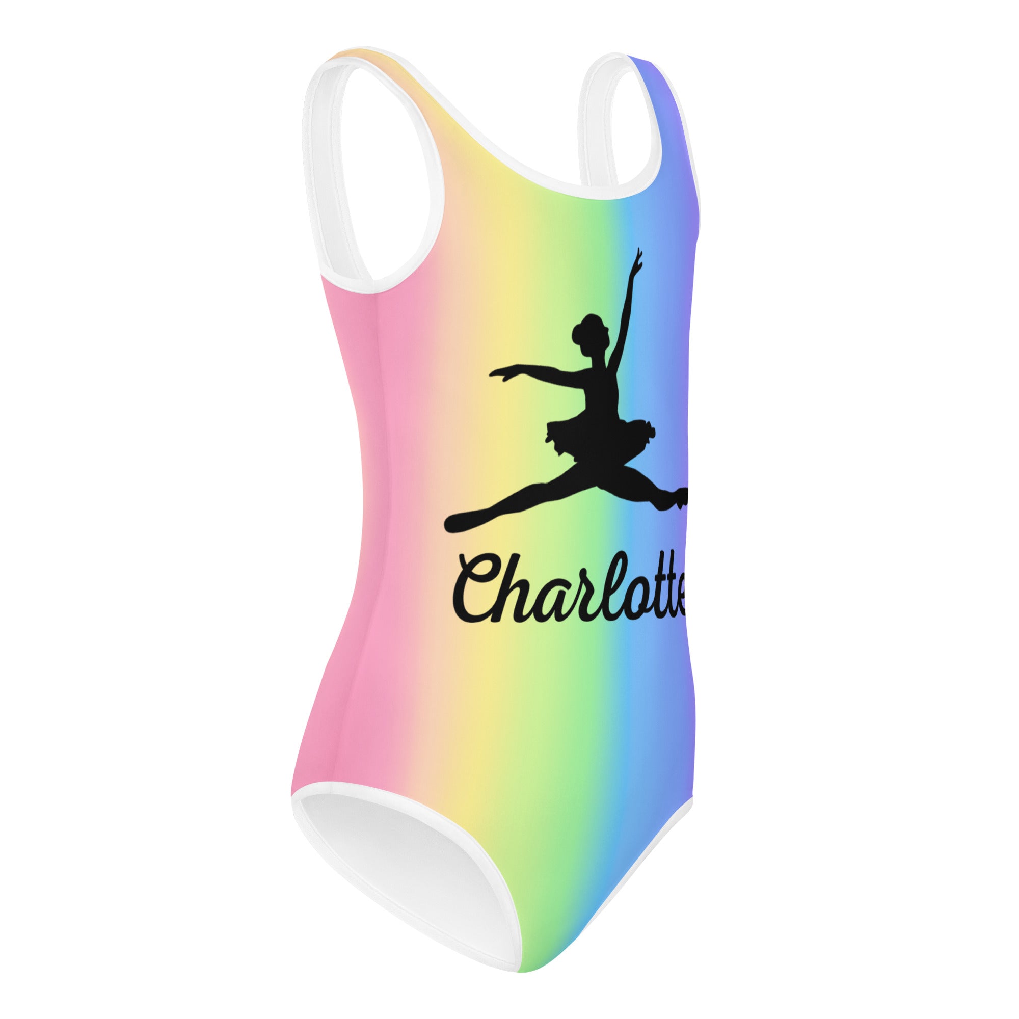 Girls custom rainbow ballerina buttery soft leotard with white trim and black dancer silhouette personalized charlotte