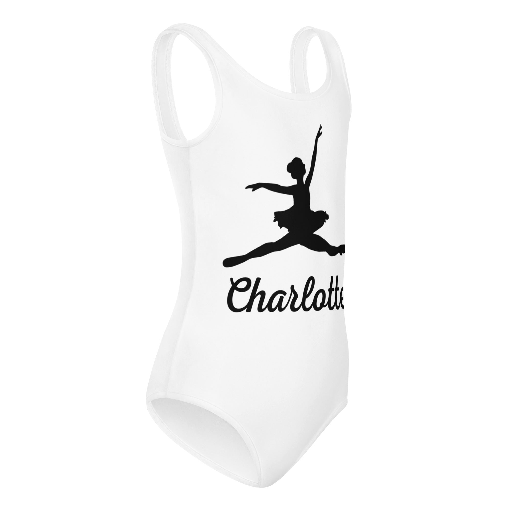 White girls custom name ballerina leotard with black silhouette print charlotte buttery soft quick drying fabric