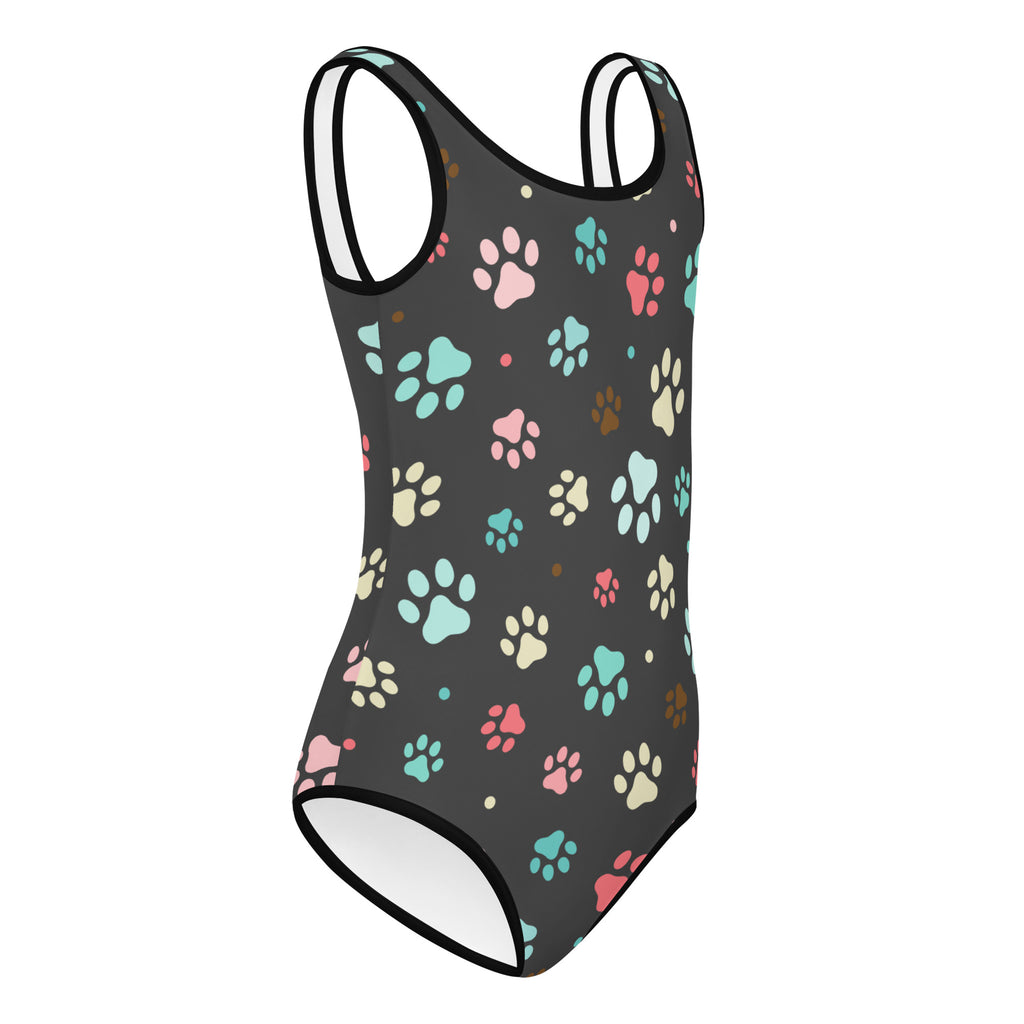 Girls colorful paw prints buttery soft dark gray one-piece swimsuit with thin black straps for dance and gymnastics