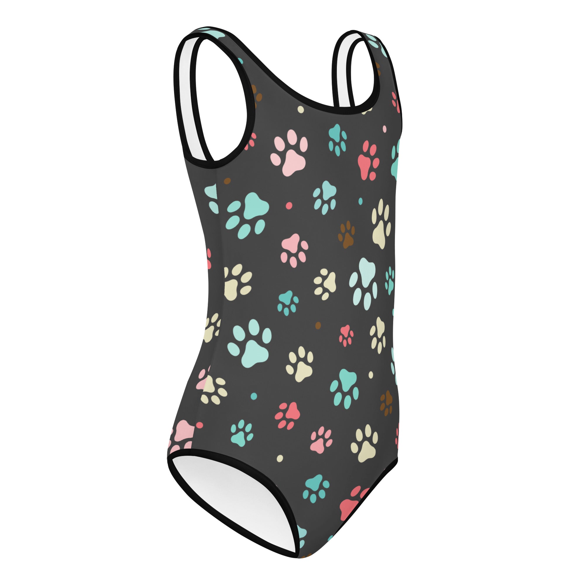 Girls colorful paw prints buttery soft dark gray one-piece swimsuit with thin black straps for dance and gymnastics