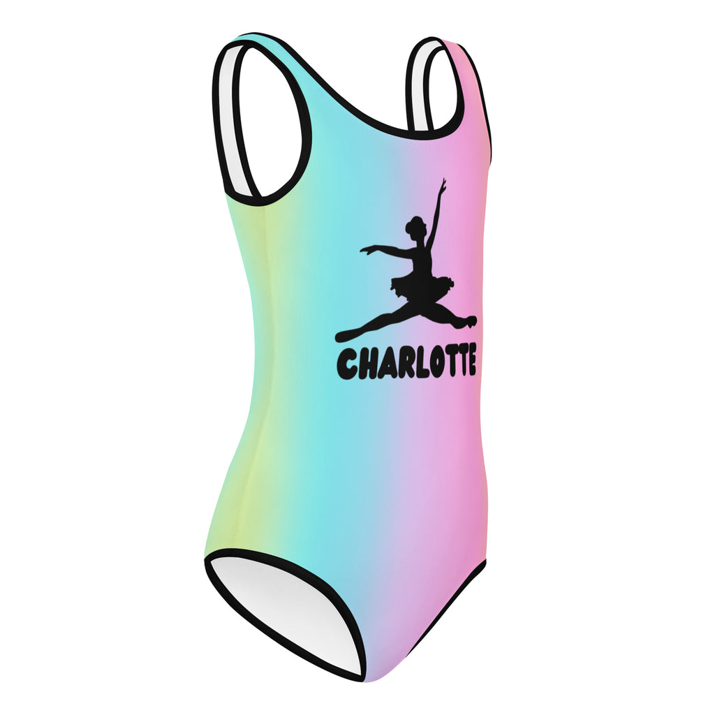Girls custom name pastel ballerina buttery soft quick drying leotard with vibrant gradient and black ballerina silhouette