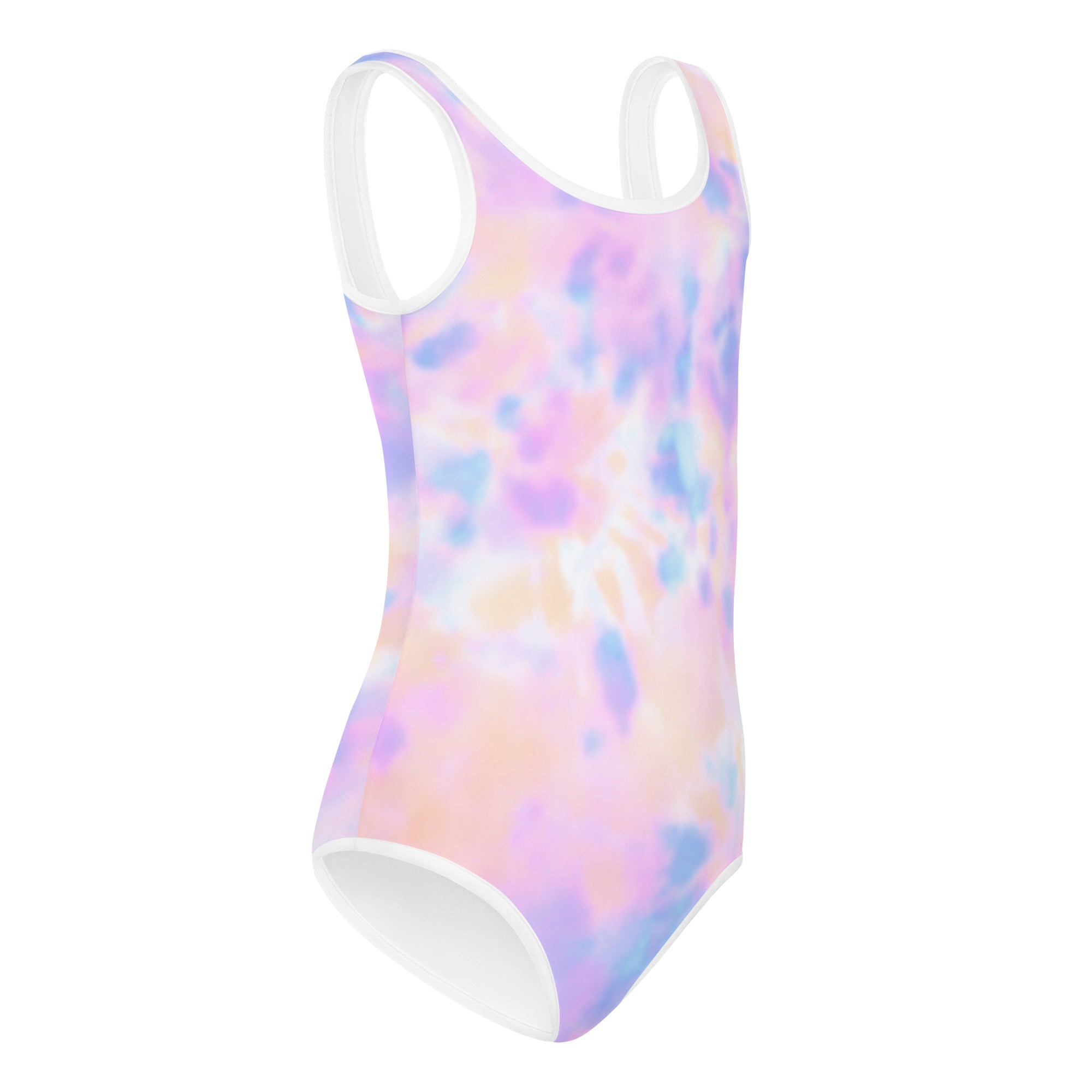 Girls pastel tie-dye one-piece swimsuit with white trim made of buttery soft quick drying fabric for dance and gymnastics