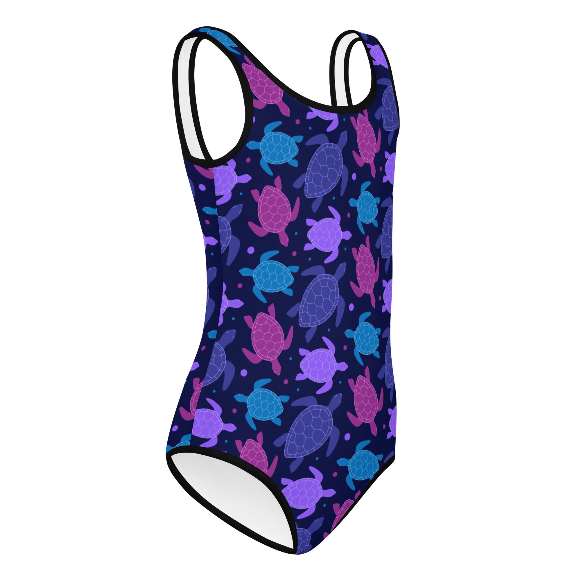 A navy blue one-piece girls leotard with vibrant purple pink teal sea turtles made of buttery soft quick drying fabric