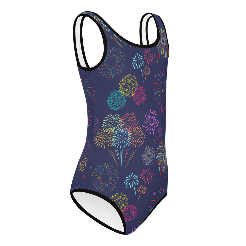 Navy blue girls fireworks celebration buttery soft one-piece swimsuit with multicolored fireworks and black trim for dance