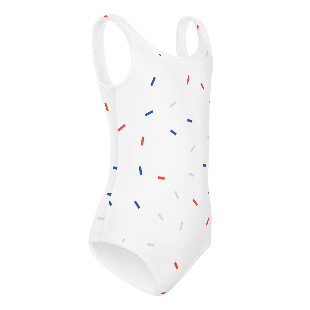 Girls red white and blue confetti usa buttery soft white one-piece swimsuit with quick drying fabric for dance and gymnastics
