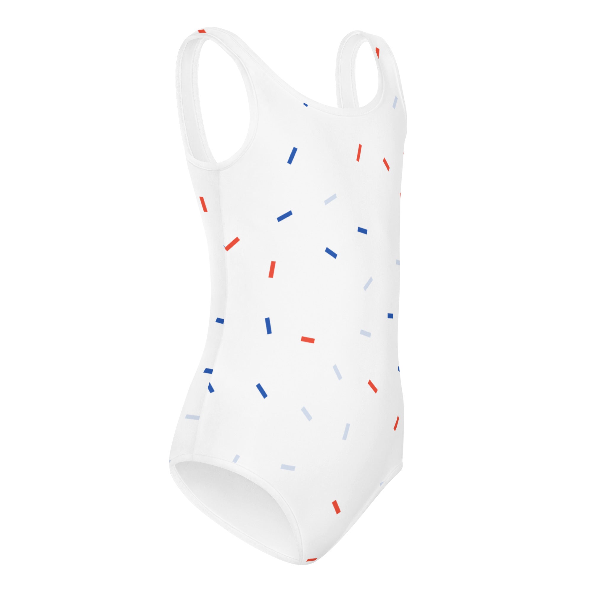 Girls red white and blue confetti usa buttery soft white one-piece swimsuit with quick drying fabric for dance and gymnastics