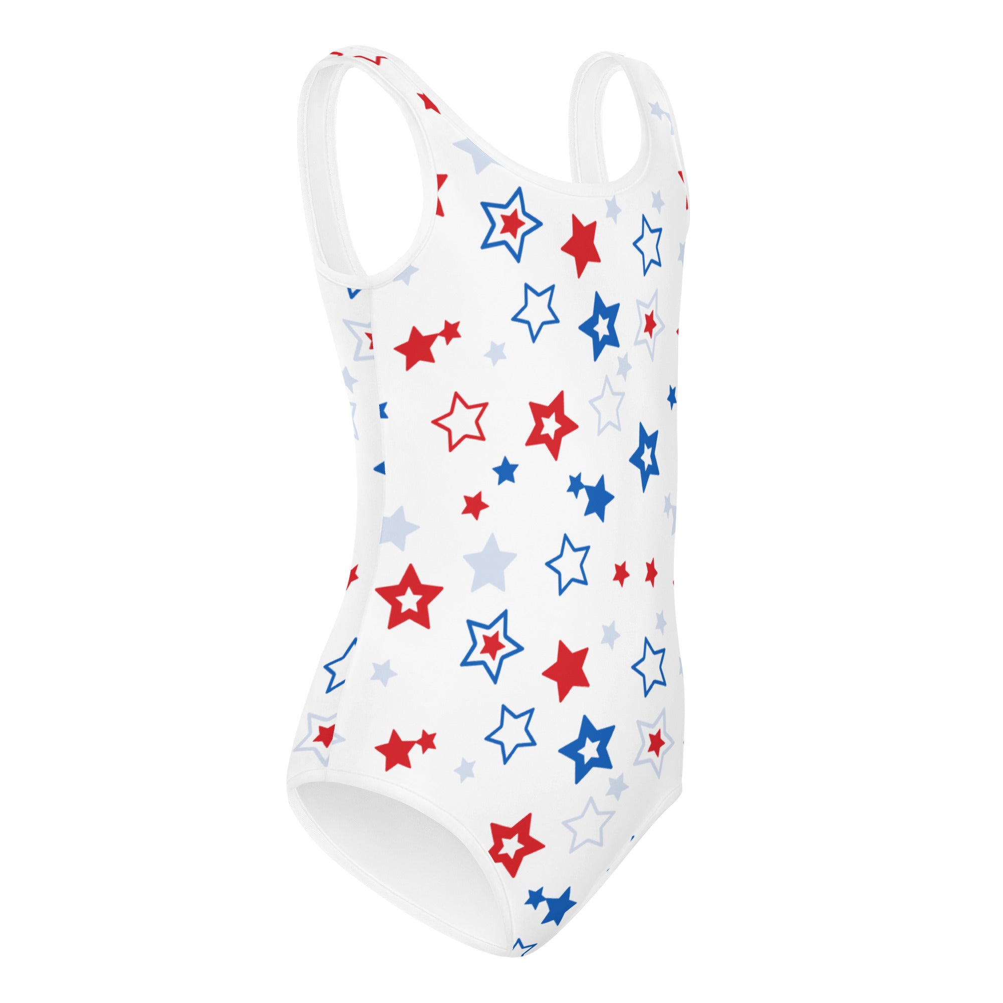 White one-piece swimsuit with red blue and light gray stars soft quick drying for girls dance and gymnastics