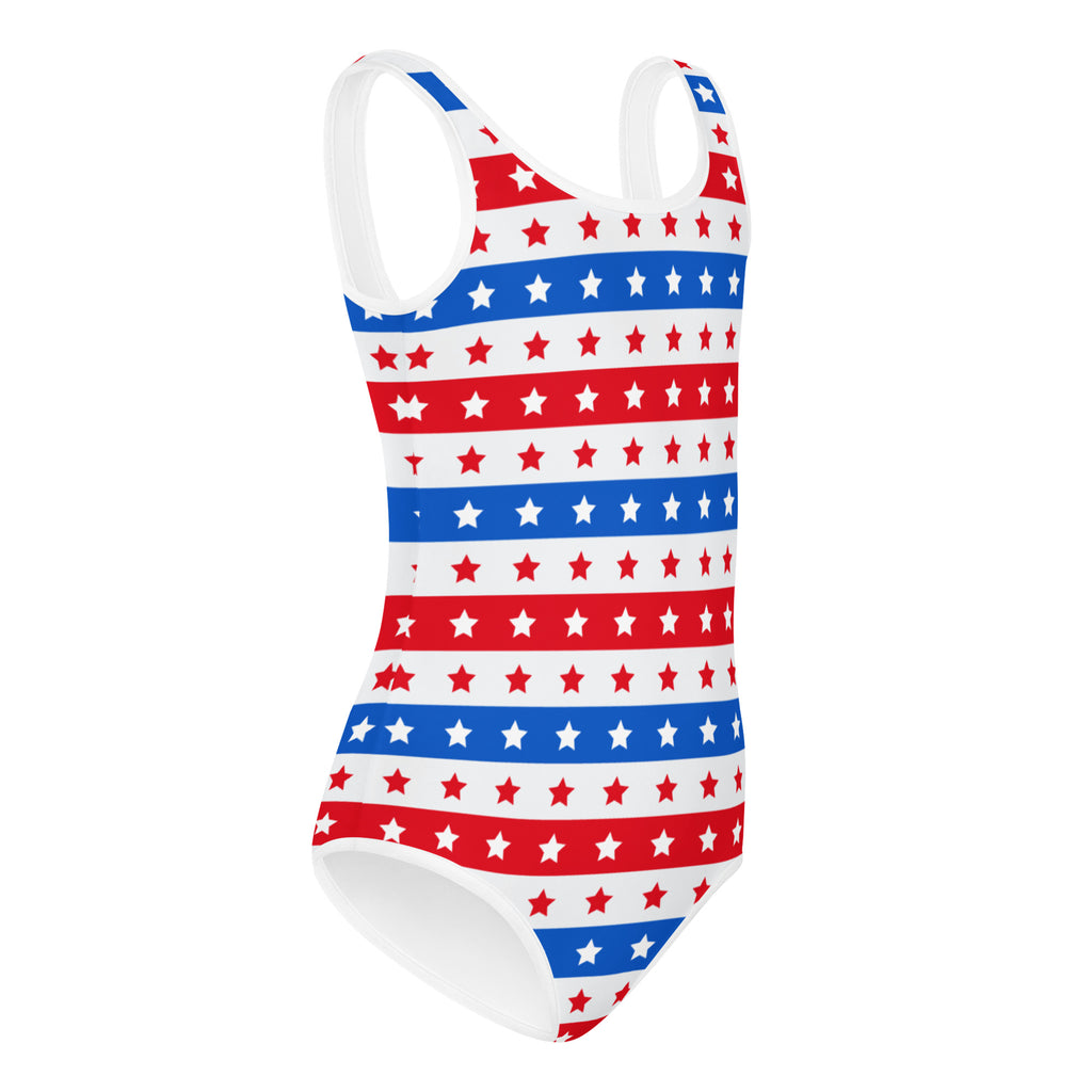 Girls Red White and Blue Star Stripes Buttery Soft Leotard - Quick Drying For Dance and Gymnastics