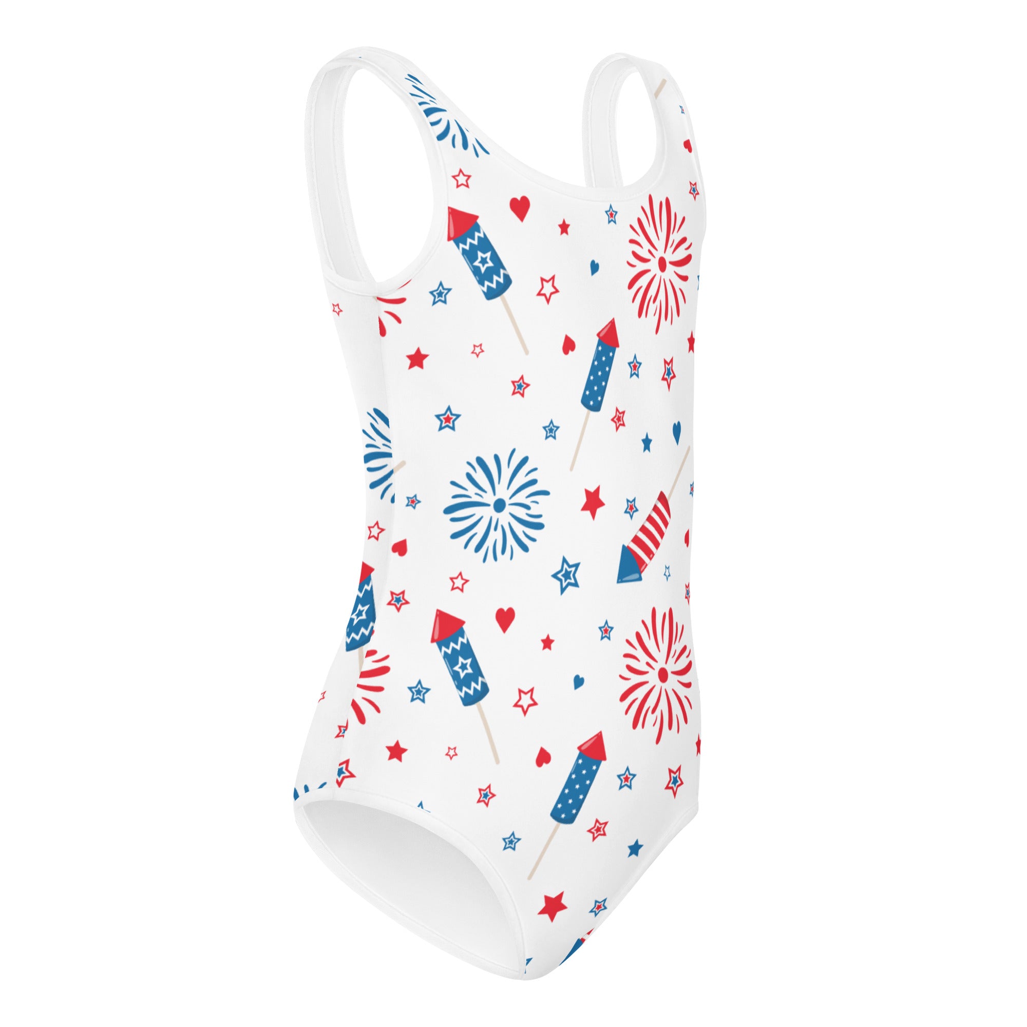 White one-piece swimsuit with red and blue fireworks stars and rockets pattern buttery soft quick drying for girls dance and gymnastics