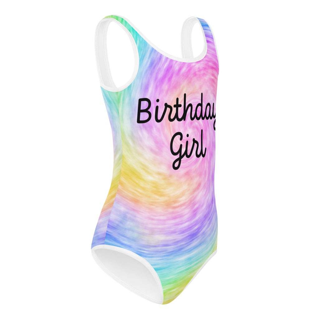 Girls birthday girl rainbow swirl tie dye buttery soft one-piece swimsuit with white trim and black cursive script