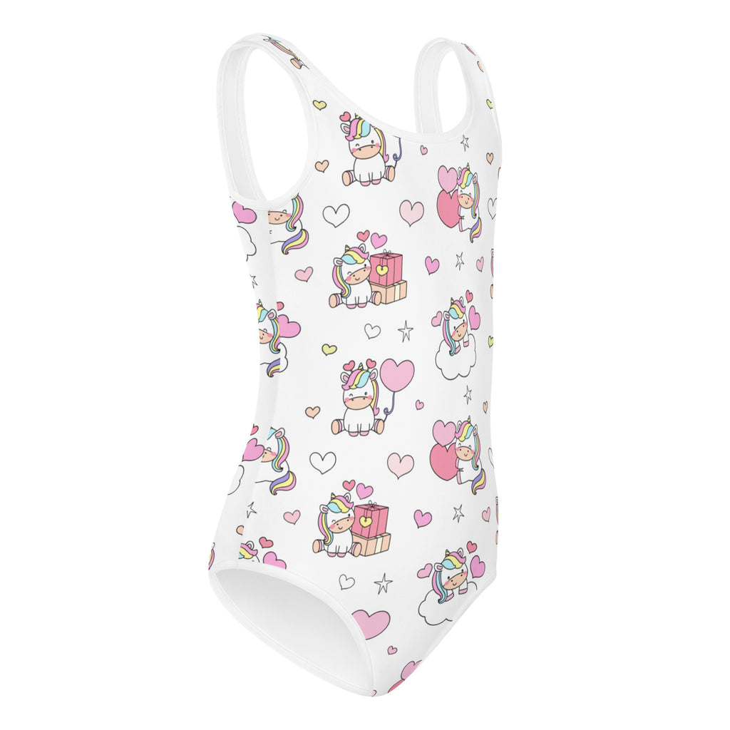 White girls unicorn birthday buttery soft one-piece swimsuit with pink cartoon unicorns hearts and stars for dance and gymnastics