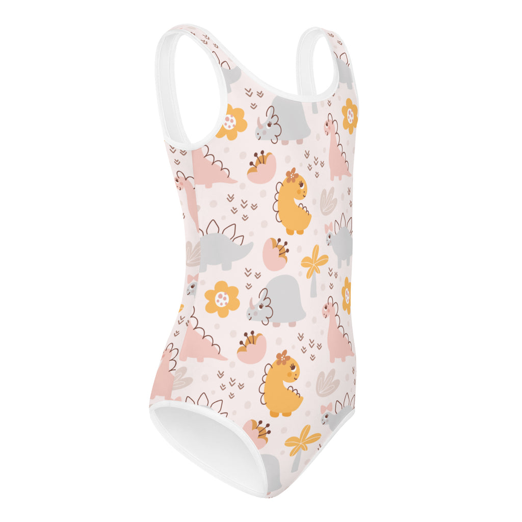 Girls pastel floral dinosaur buttery soft pink and yellow one-piece swimsuit with white trim quick drying for dance and gymnastics