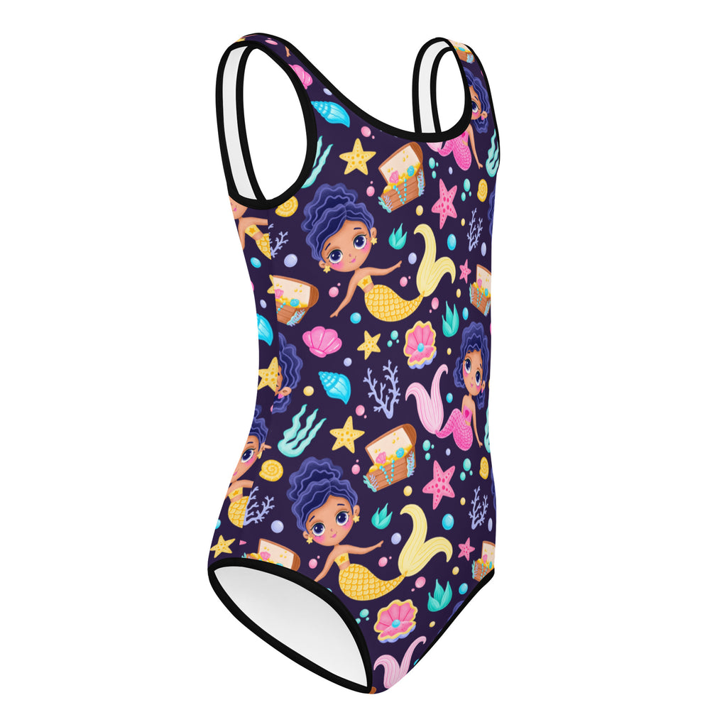 Navy blue girls magical mermaid treasure buttery soft one-piece swimsuit with colorful mermaid and star design for dance and gymnastics