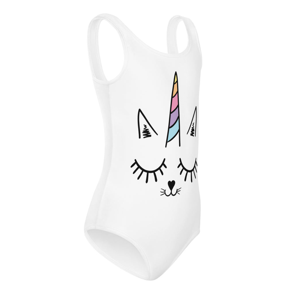 White one-piece swimsuit with playful unicorn face, rainbow horn, quick drying buttery soft leotard for girls dance gym
