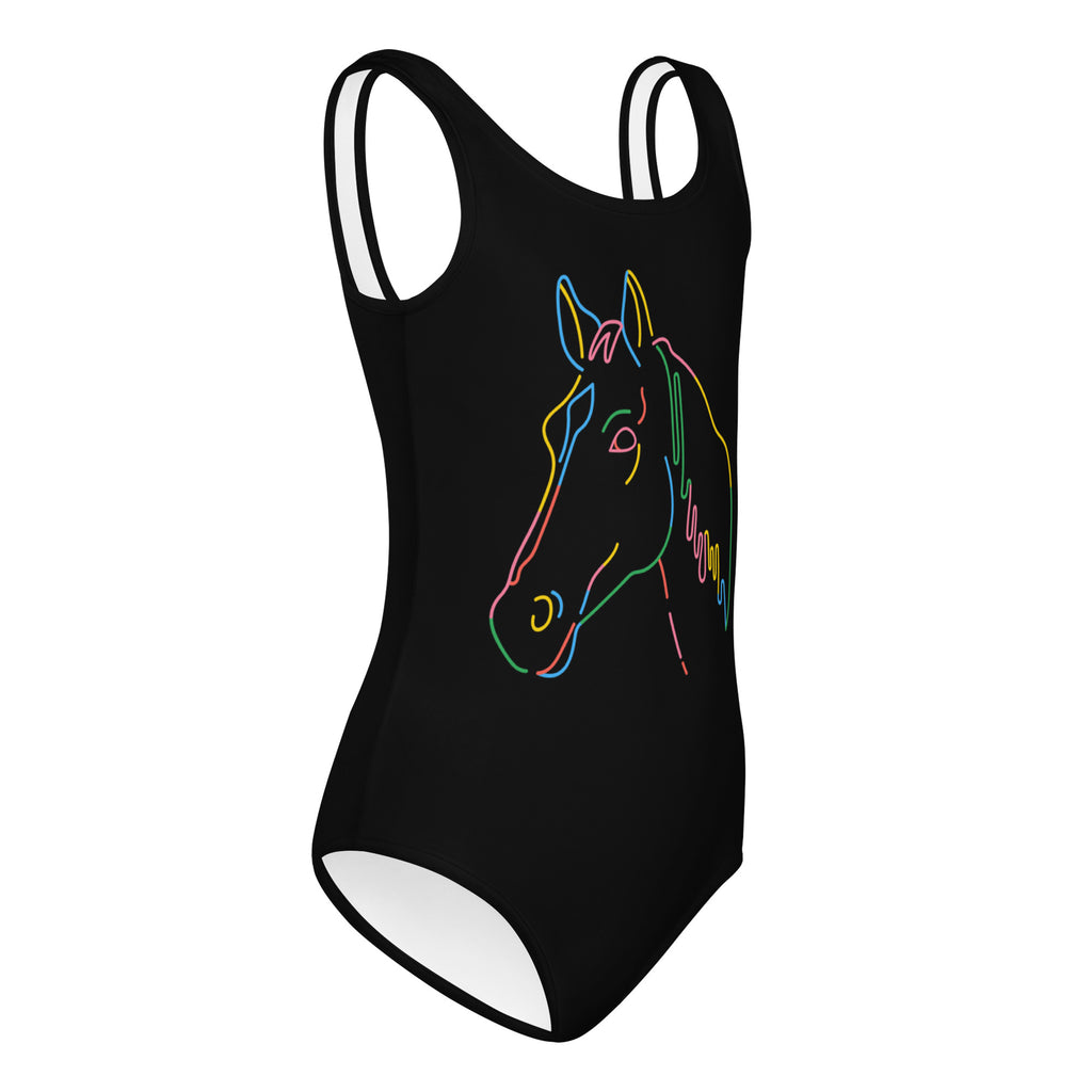 Black one-piece girls leotard with vibrant neon horse head outline made from buttery soft quick-drying fabric