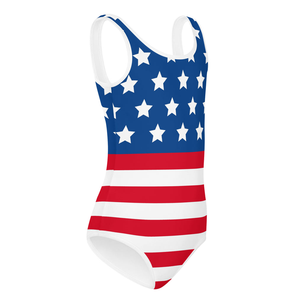 Girls American flag buttery soft leotard features red stripes white stars on blue quick drying for dance and gymnastics