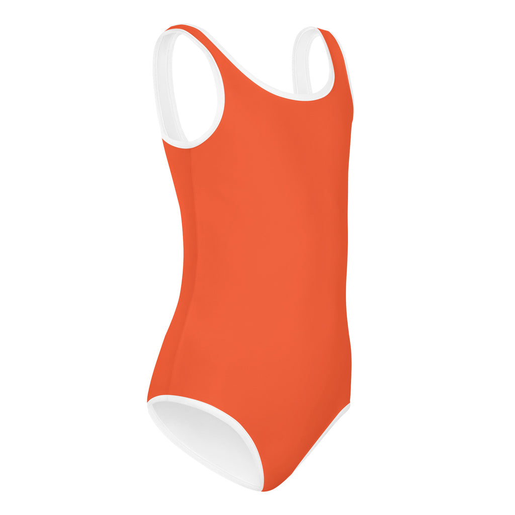 Girls orange buttery soft leotard with white trim quick drying for dance and gymnastics in vibrant orange