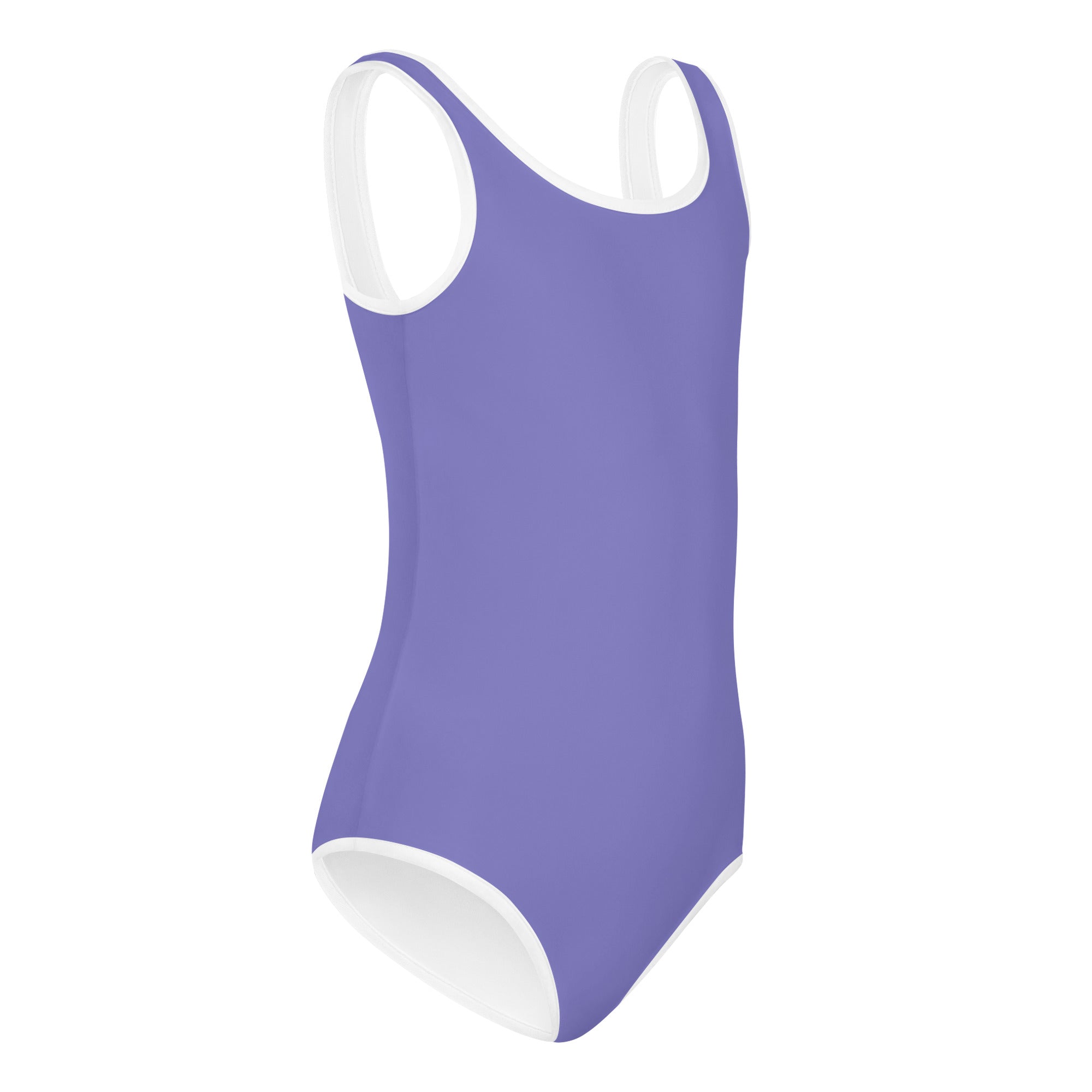 Girls purple buttery soft leotard with white trim quick drying for dance and gymnastics in a one-piece swimsuit style