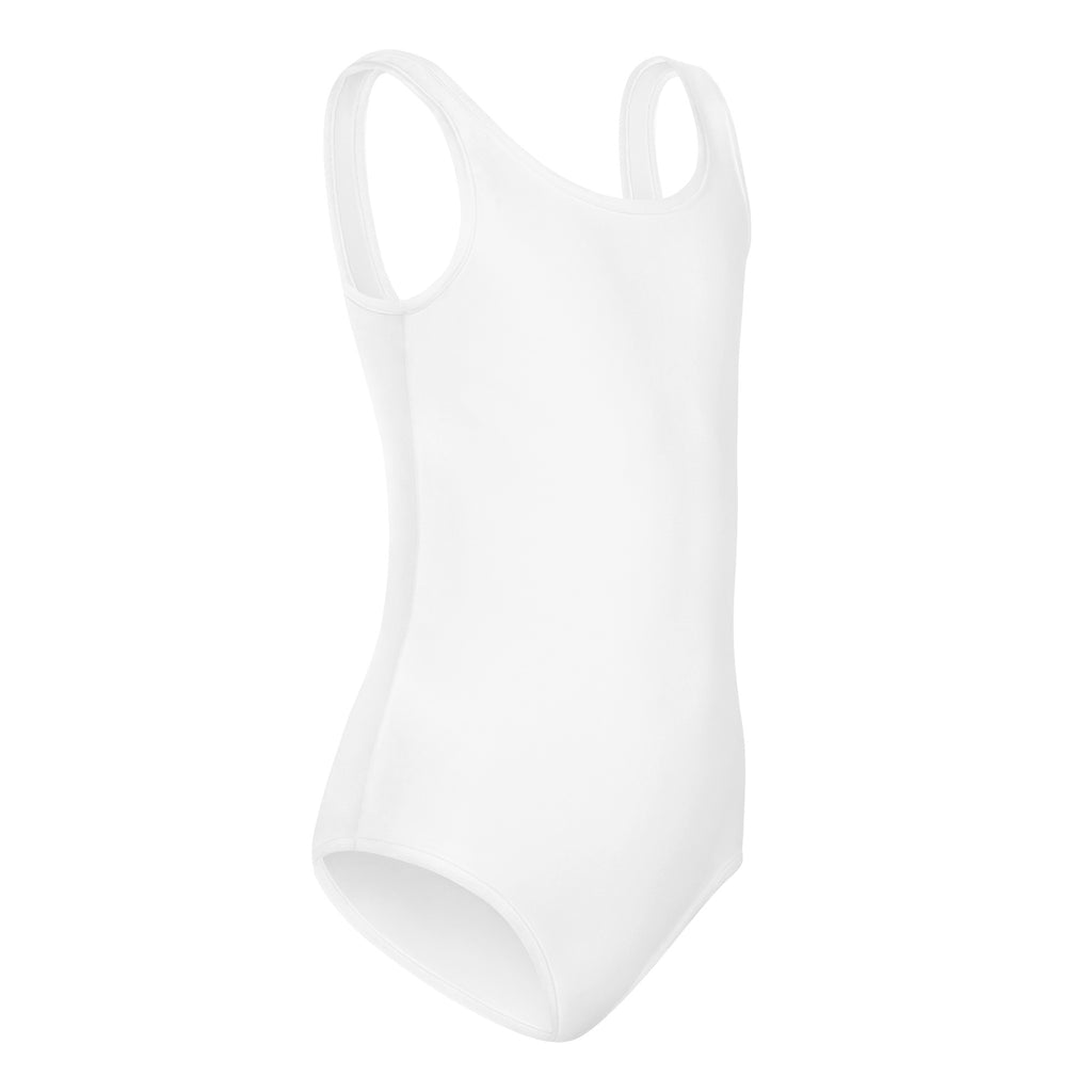 Girls white buttery soft leotard with thin straps and smooth quick drying fabric for dance and gymnastics