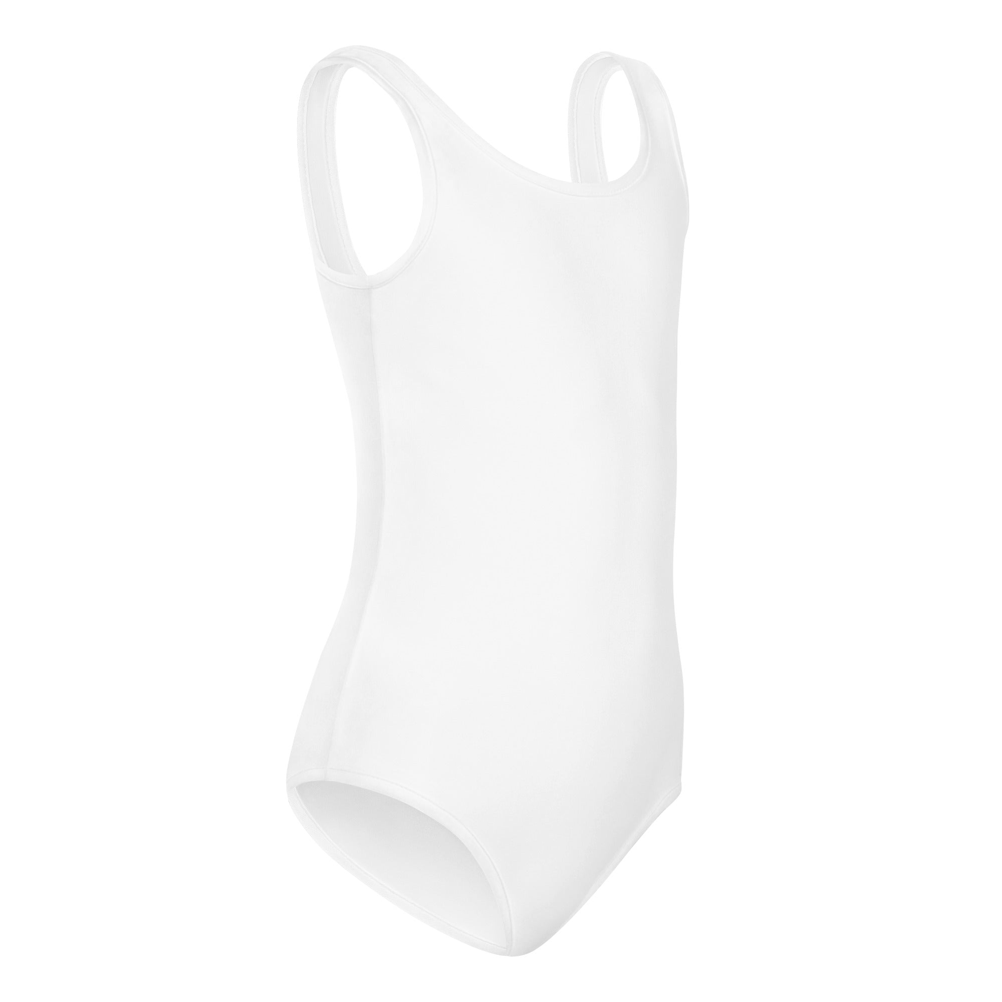 Girls white buttery soft leotard with thin straps and smooth quick drying fabric for dance and gymnastics