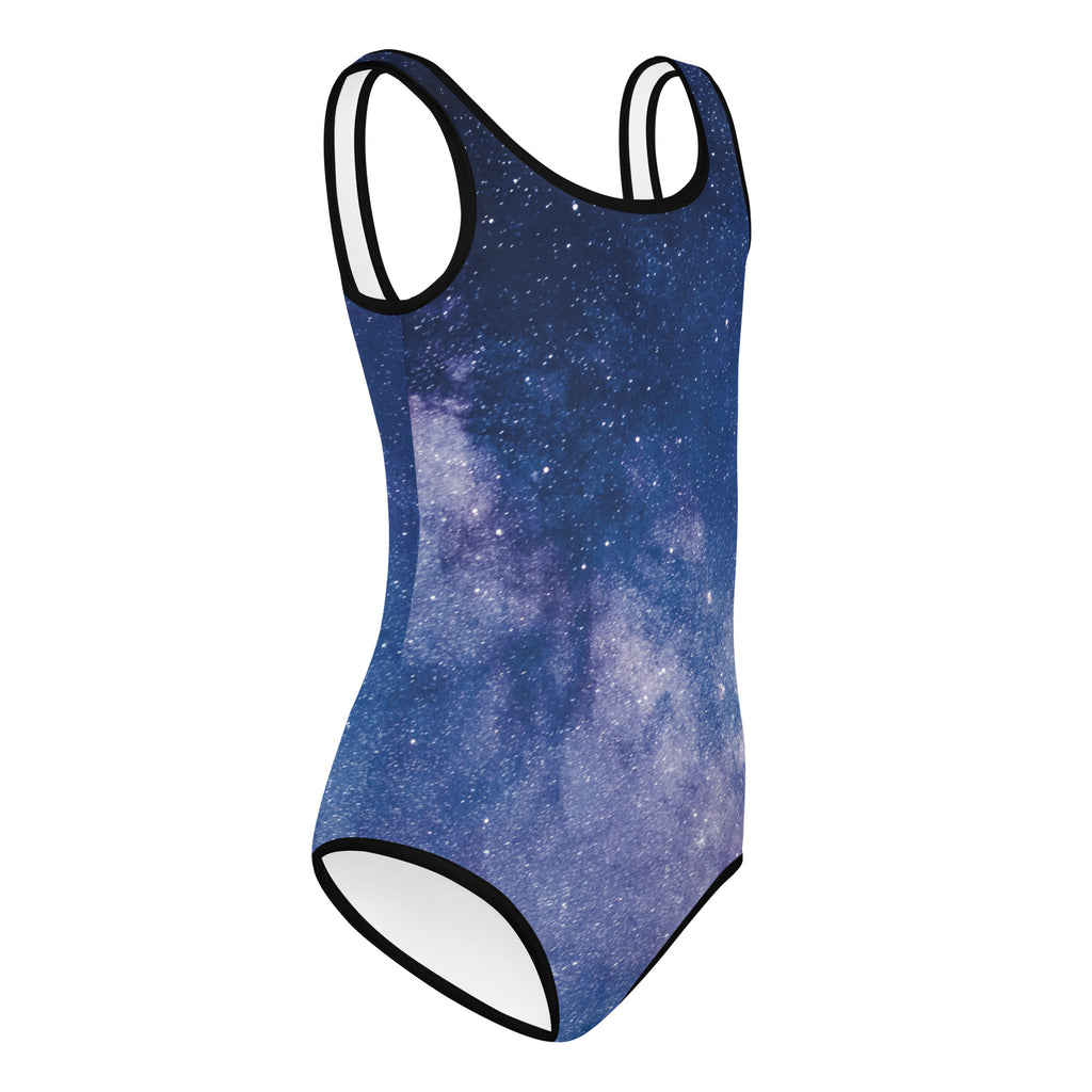Girls starry night galaxy buttery soft one-piece swimsuit in navy blue and purple with white trim for dance and gymnastics