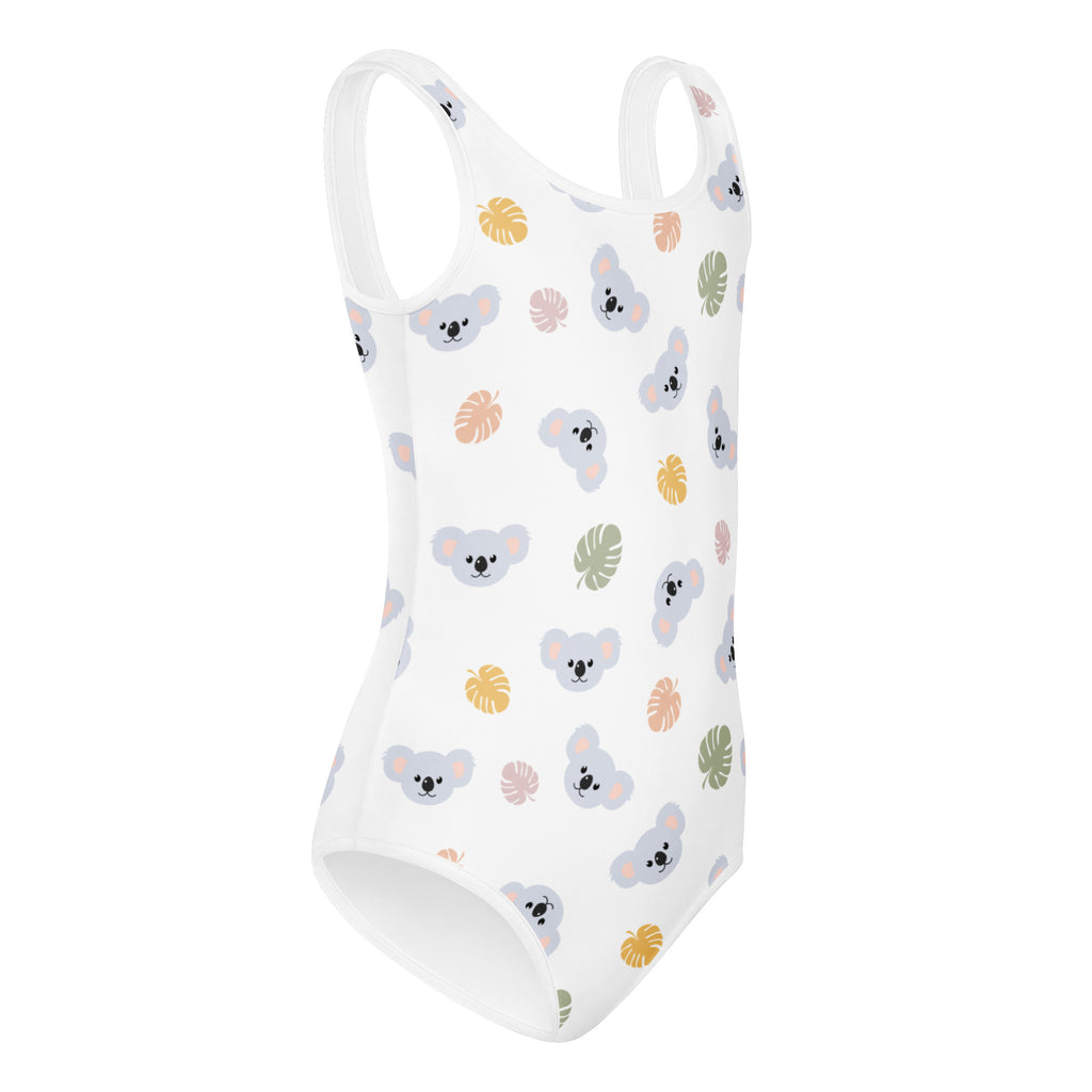 White girls koala bear leotard with gray koala faces and pastel tropical leaves quick drying for dance and gymnastics