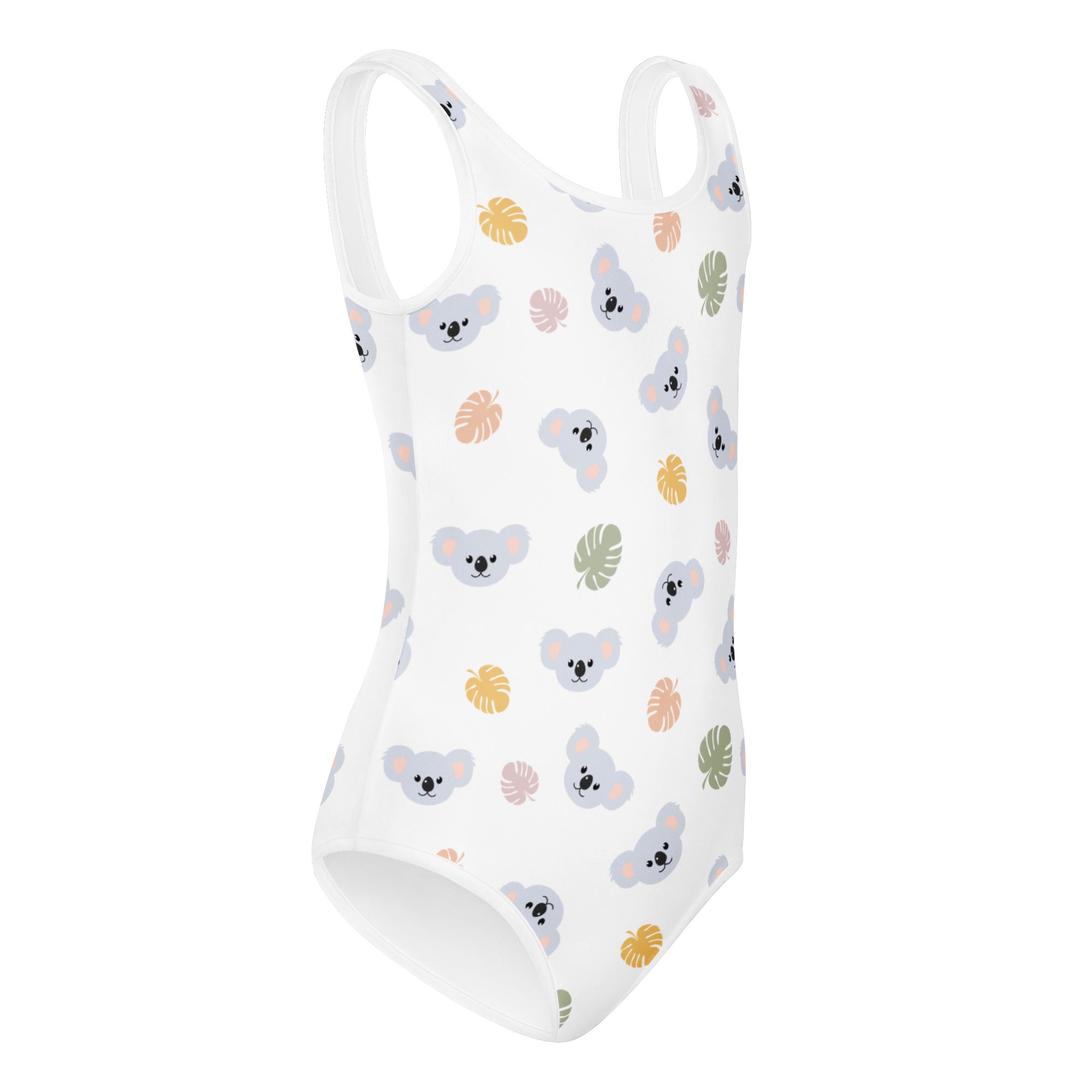 White girls koala bear leotard with gray koala faces and pastel tropical leaves quick drying for dance and gymnastics