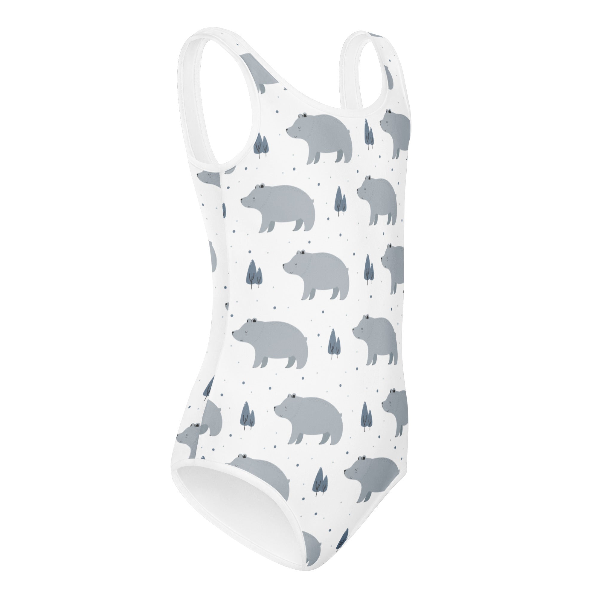 Girls white gray bear buttery soft leotard with playful pattern quick drying for dance and gymnastics