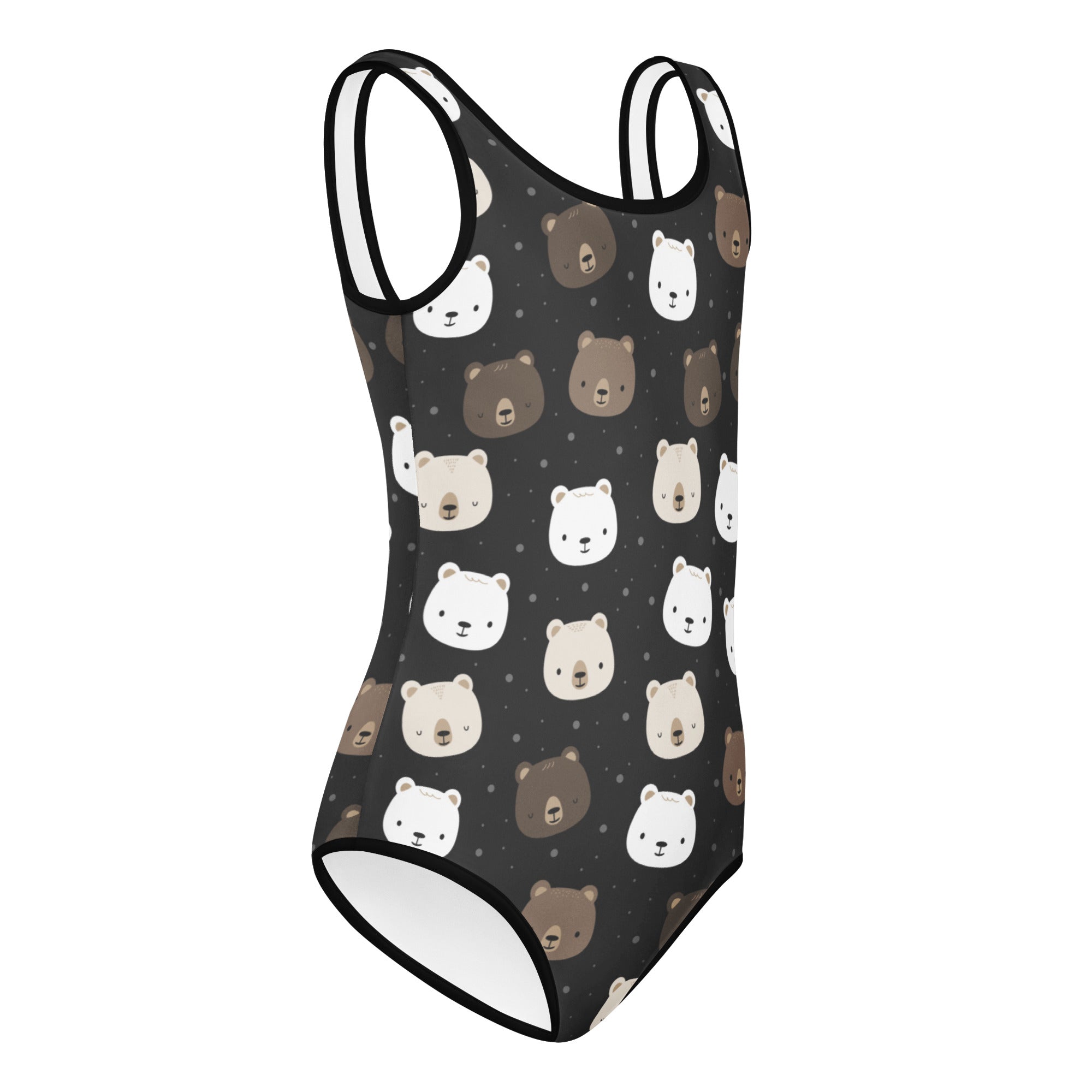 Girls black bear face buttery soft leotard with playful bear pattern and thin straps quick drying for dance and gymnastics