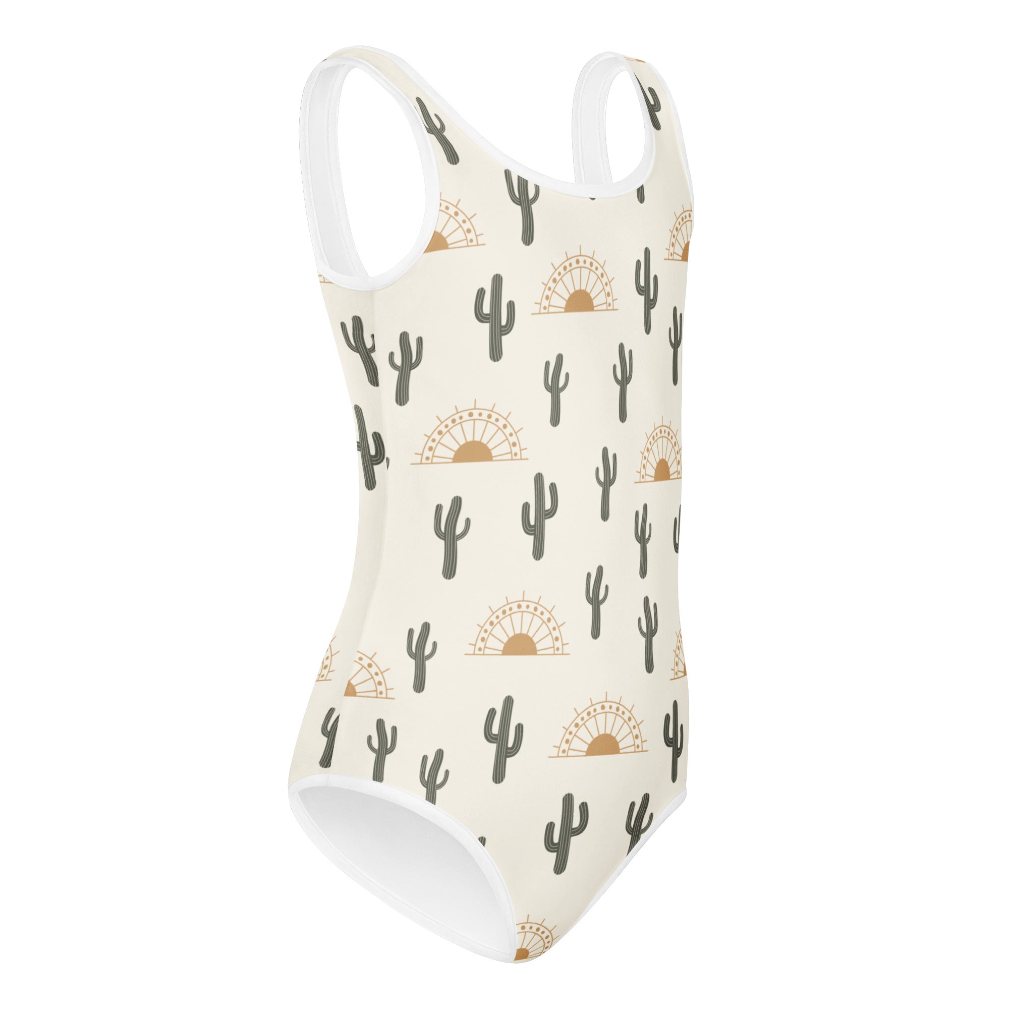 Cream-colored girls cactus desert sunrise buttery soft one-piece swimsuit with black cacti and gold sun motifs for dance