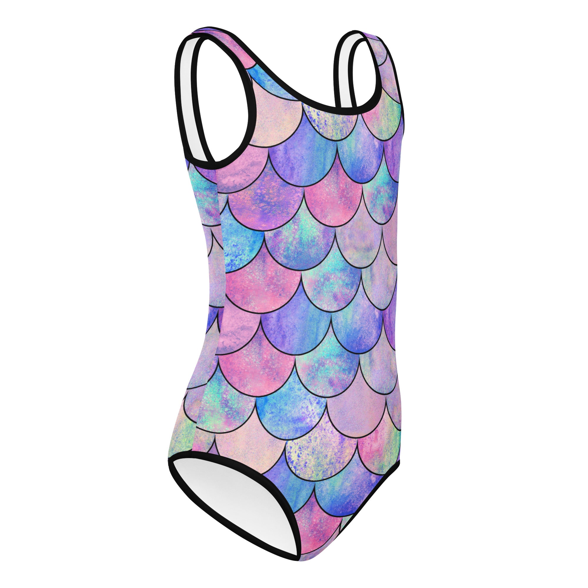 Girls mermaid scale buttery soft leotard in pastel pink blue and purple iridescent hues with black trim for dance and gymnastics