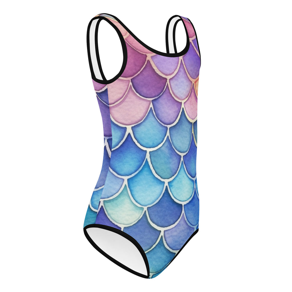A vibrant girls watercolor mermaid scale leotard with purple pink blue gradient and white outlines quick drying for dance