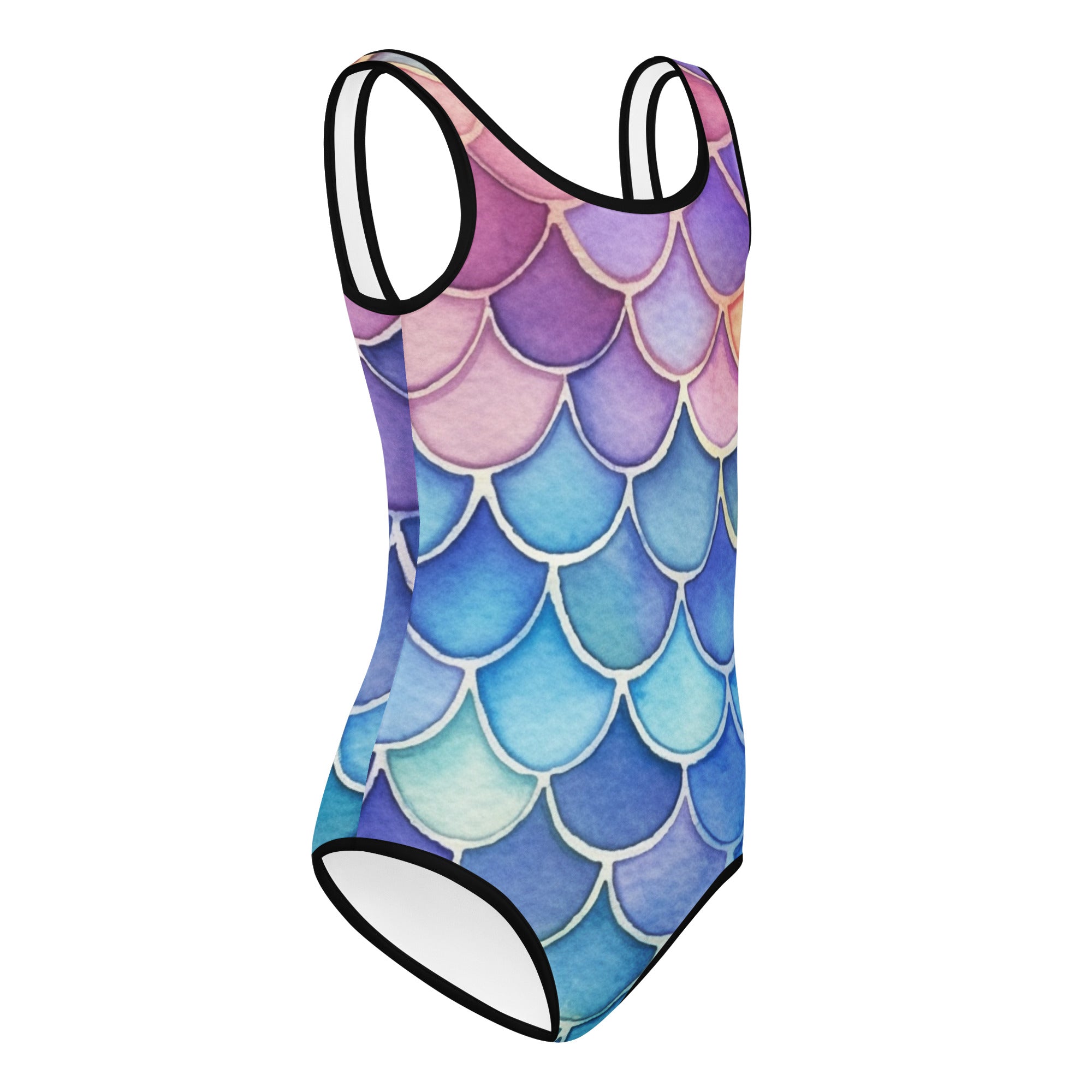 A vibrant girls watercolor mermaid scale leotard with purple pink blue gradient and white outlines quick drying for dance