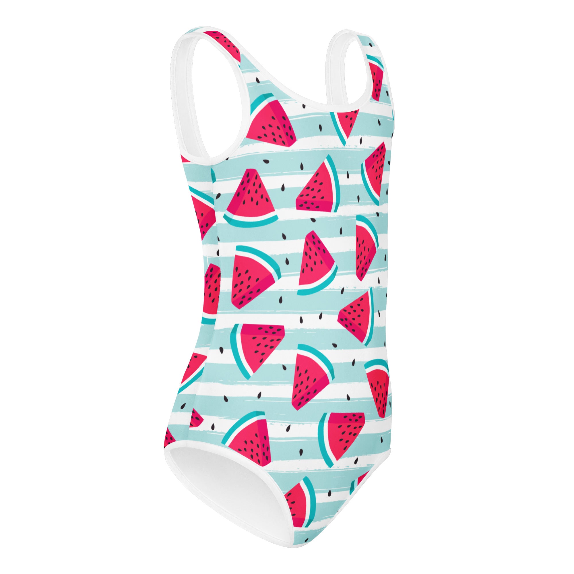Girls striped watermelon buttery soft one-piece swimsuit with pink slices and teal stripes on white for dance and gymnastics