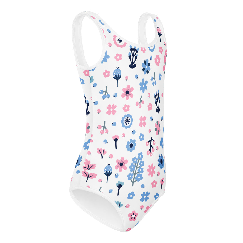 Girls pink and blue flowers buttery soft white one-piece swimsuit with floral pattern quick drying for dance and gymnastics