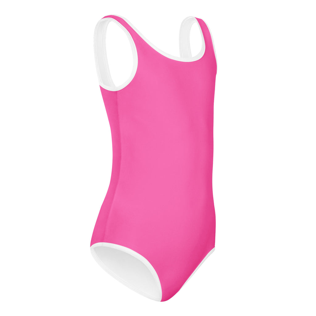 Girls hot pink buttery soft leotard with white trim quick drying for dance and gymnastics in a vibrant one-piece design