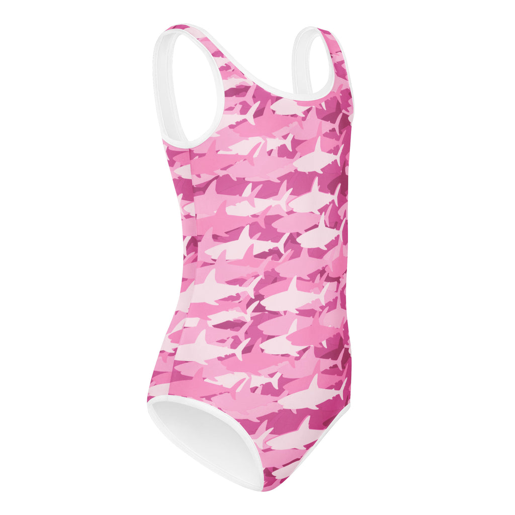 Girls pink shark camouflage one-piece swimsuit with white trim buttery soft quick drying for dance and gymnastics