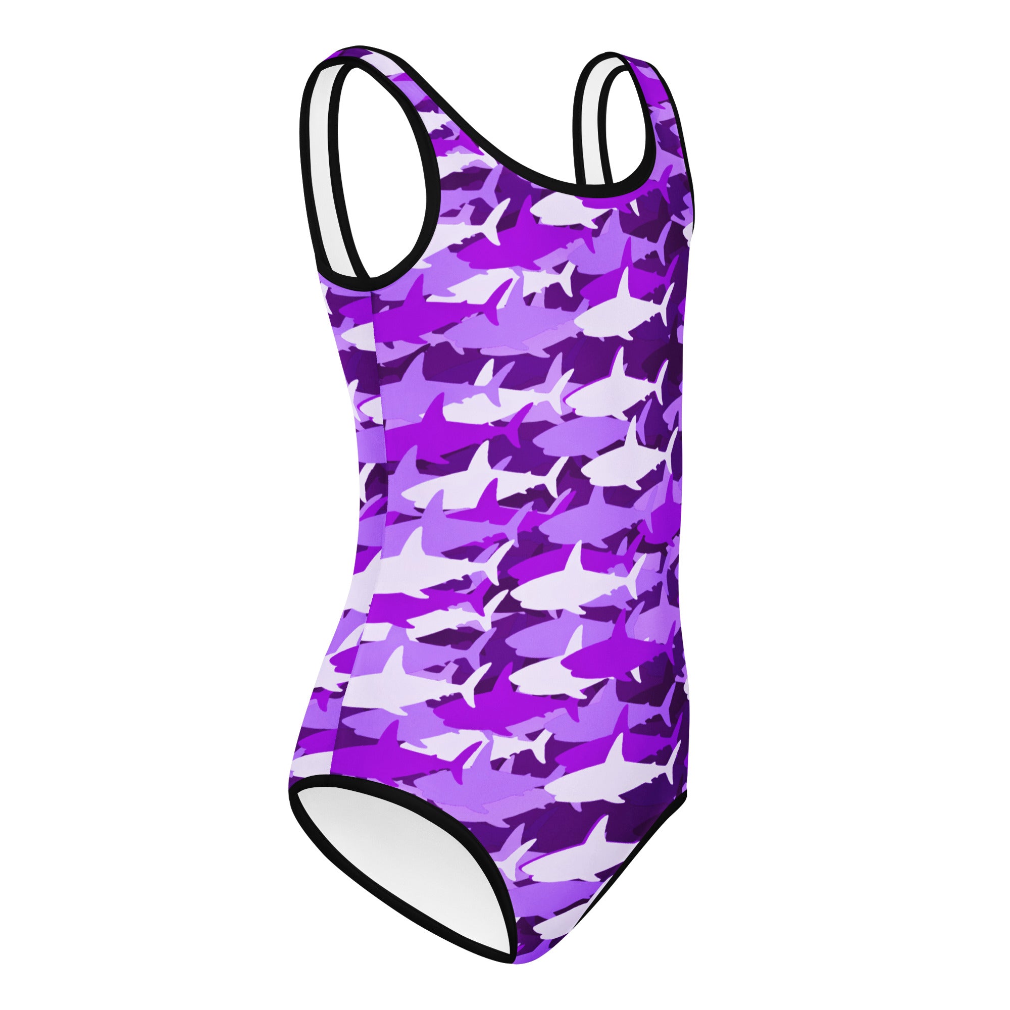 Girls purple and white shark-patterned buttery soft one-piece swimsuit with black trim quick drying for dance and gymnastics