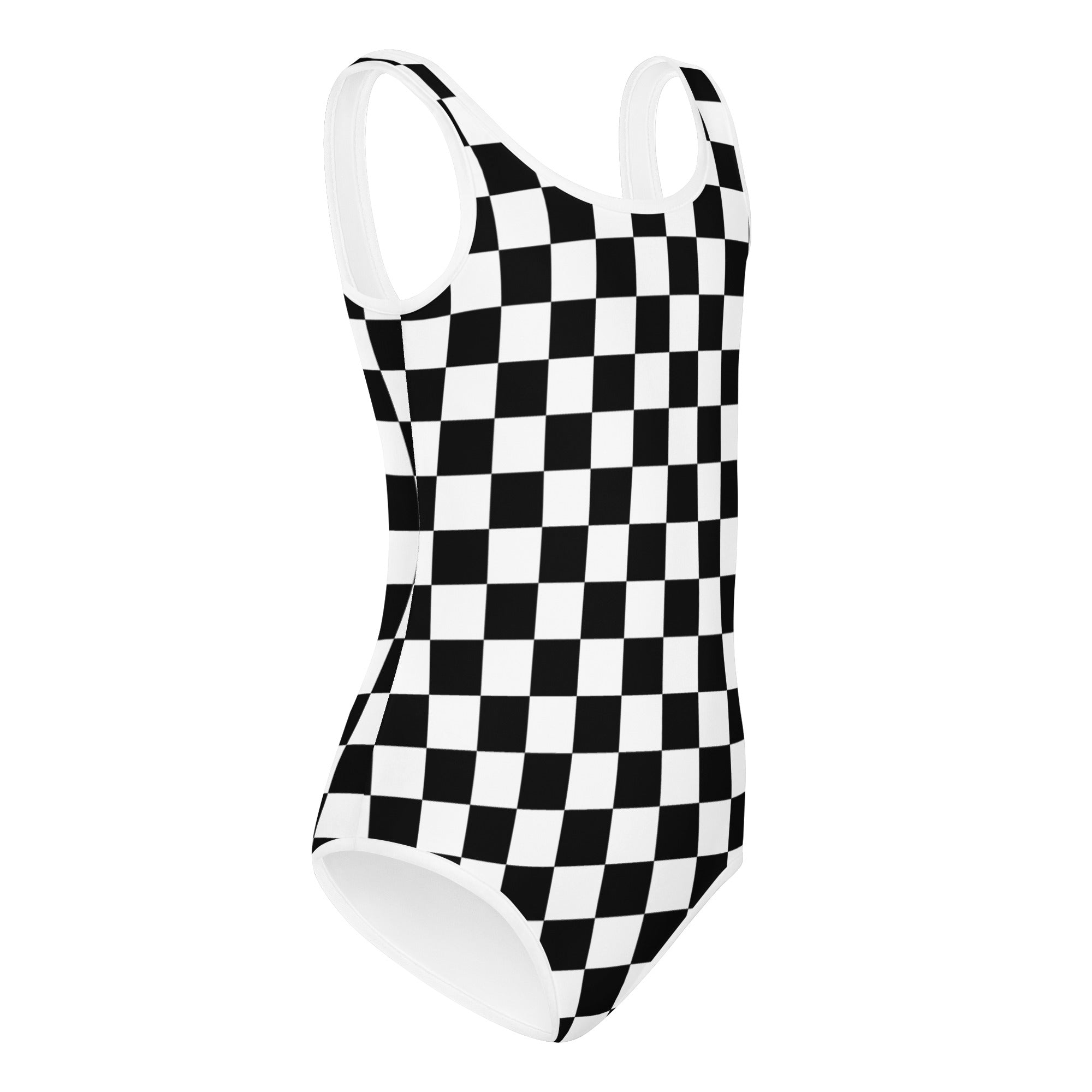 Girls black and white checkered buttery soft quick drying leotard in sleek form fitting design for dance and gymnastics