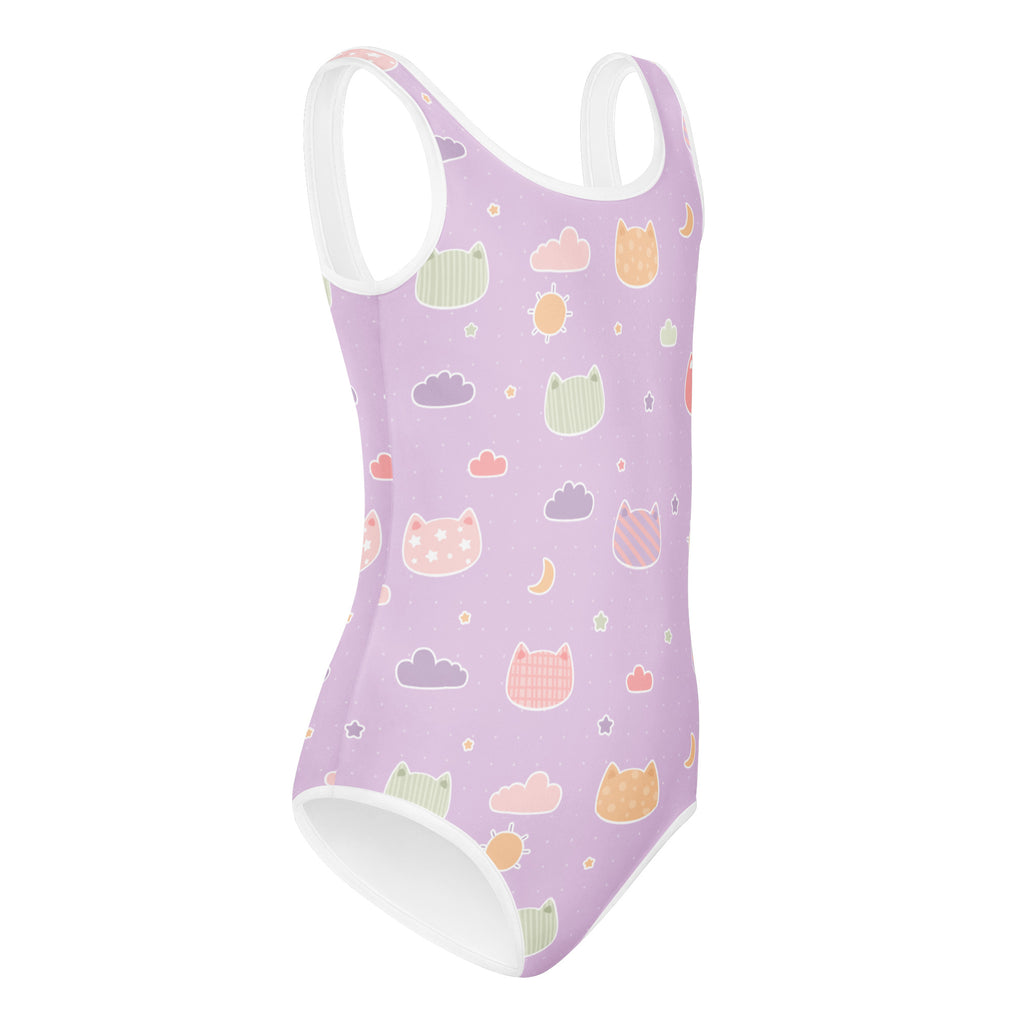 Girls Pastel Purple Kawaii Cats & Clouds Buttery Soft Leotard - Quick Drying For Dance and Gymnastics