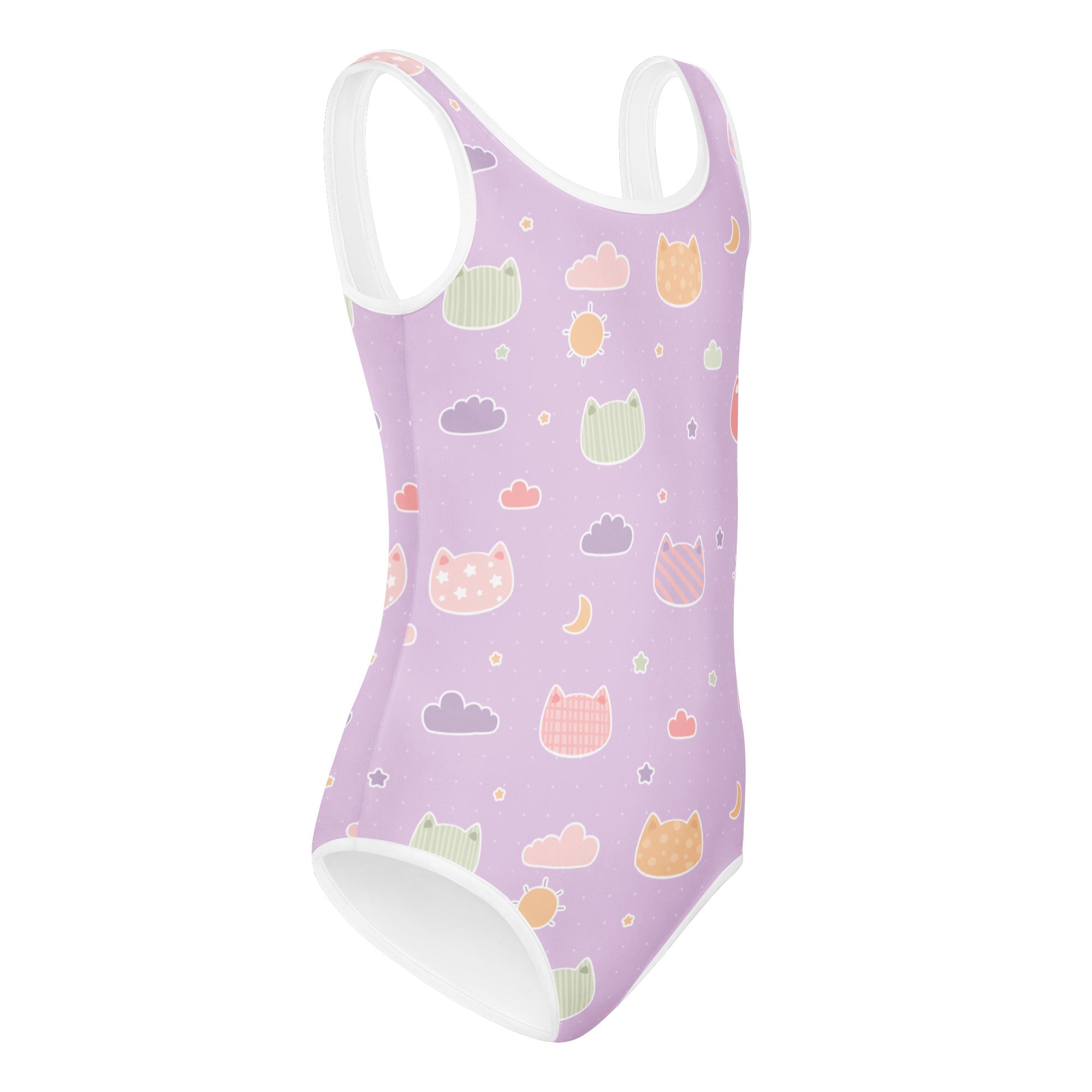 Girls Pastel Purple Kawaii Cats & Clouds Buttery Soft Leotard - Quick Drying For Dance and Gymnastics