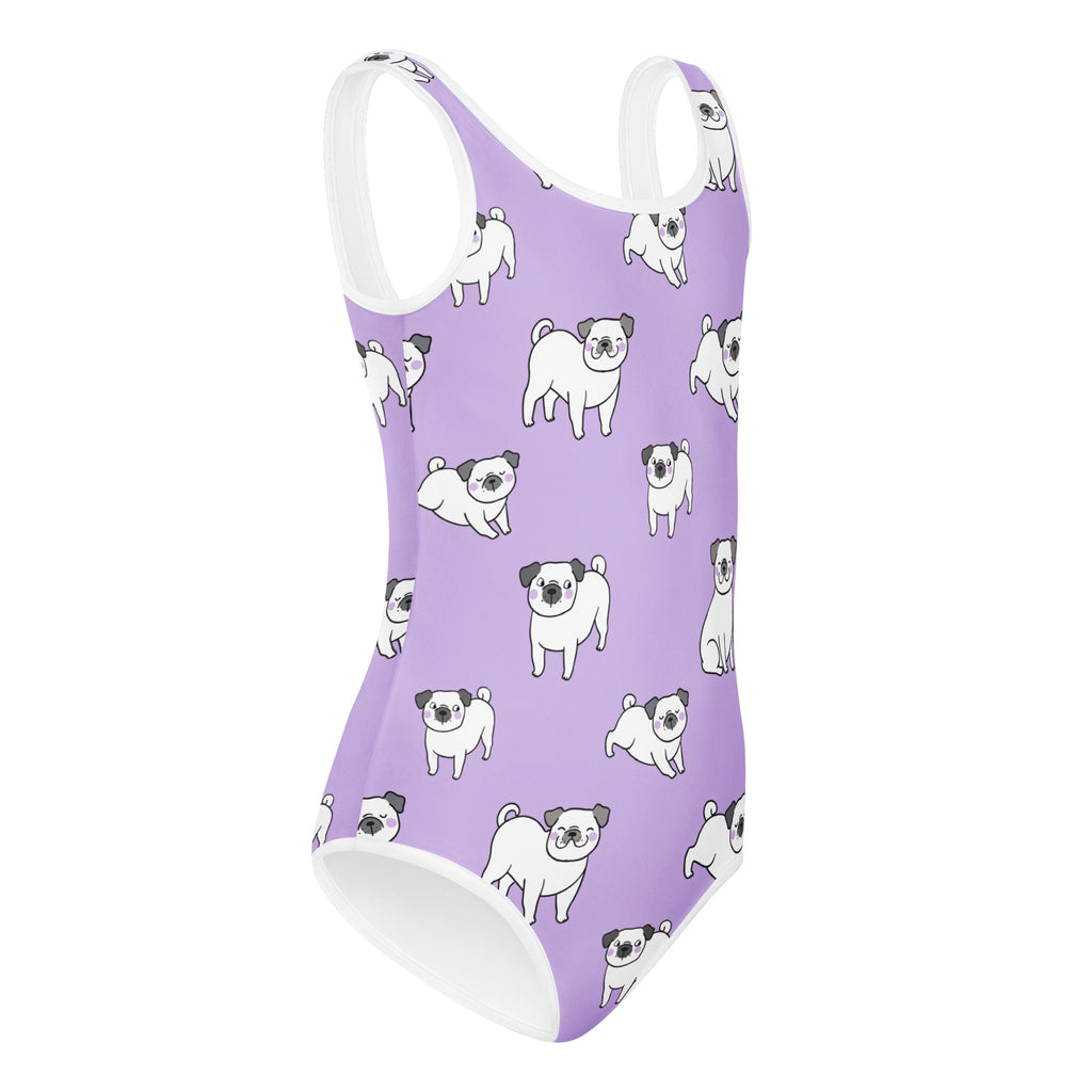 Girls purple pug buttery soft quick drying one-piece swimsuit with white cartoon pugs and white trim for dance and gymnastics
