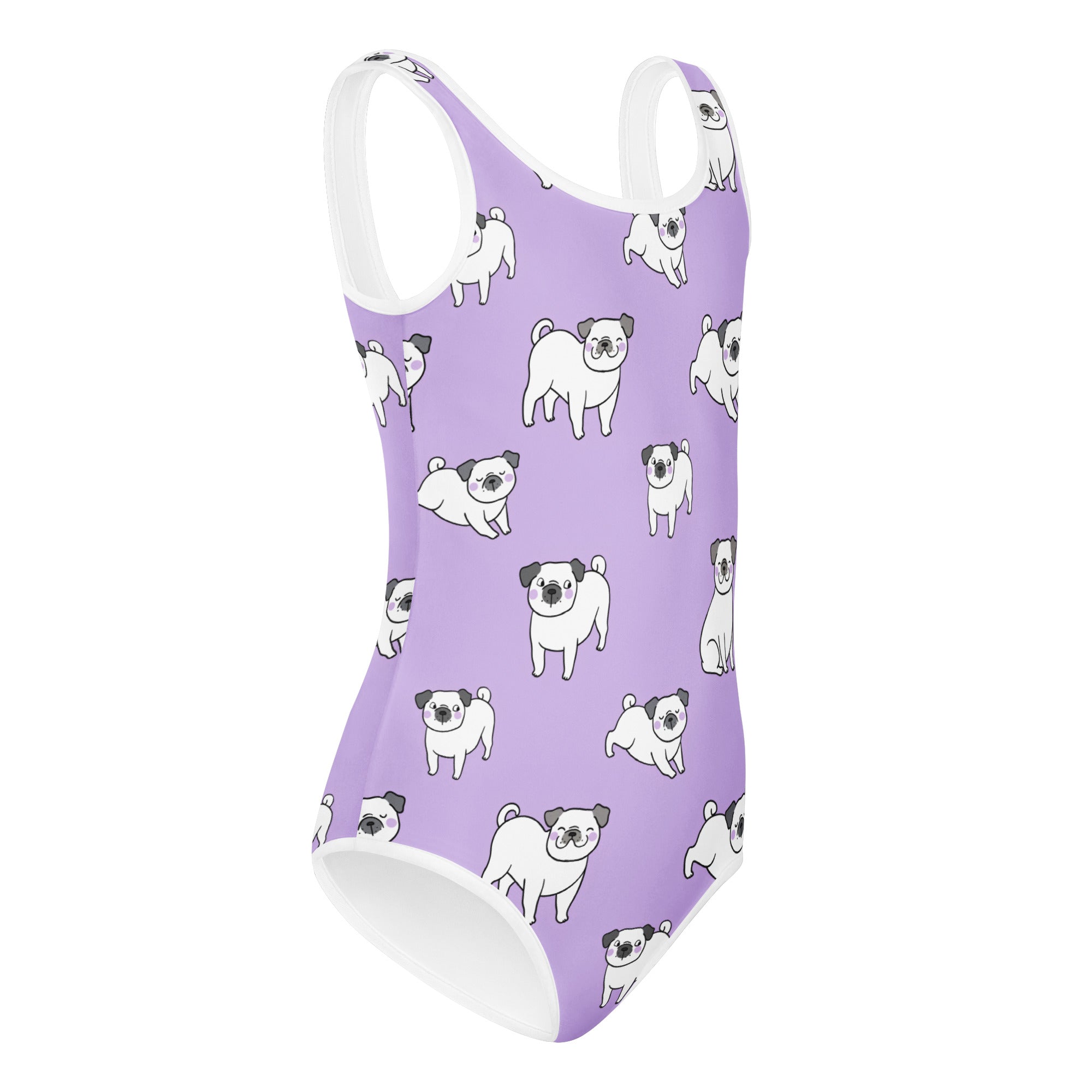 Girls purple pug buttery soft quick drying one-piece swimsuit with white cartoon pugs and white trim for dance and gymnastics