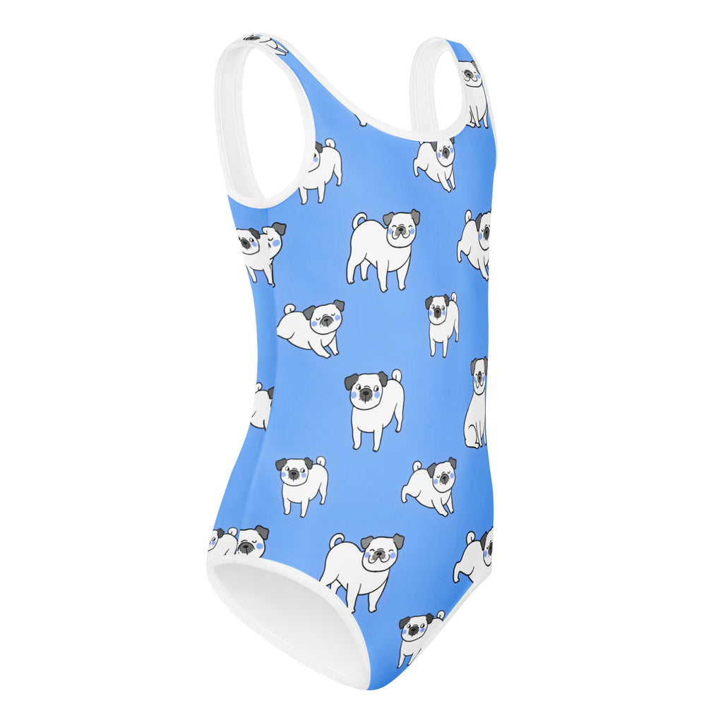 Girls blue one-piece swimsuit with white pug illustrations and white trim quick drying for dance and gymnastics