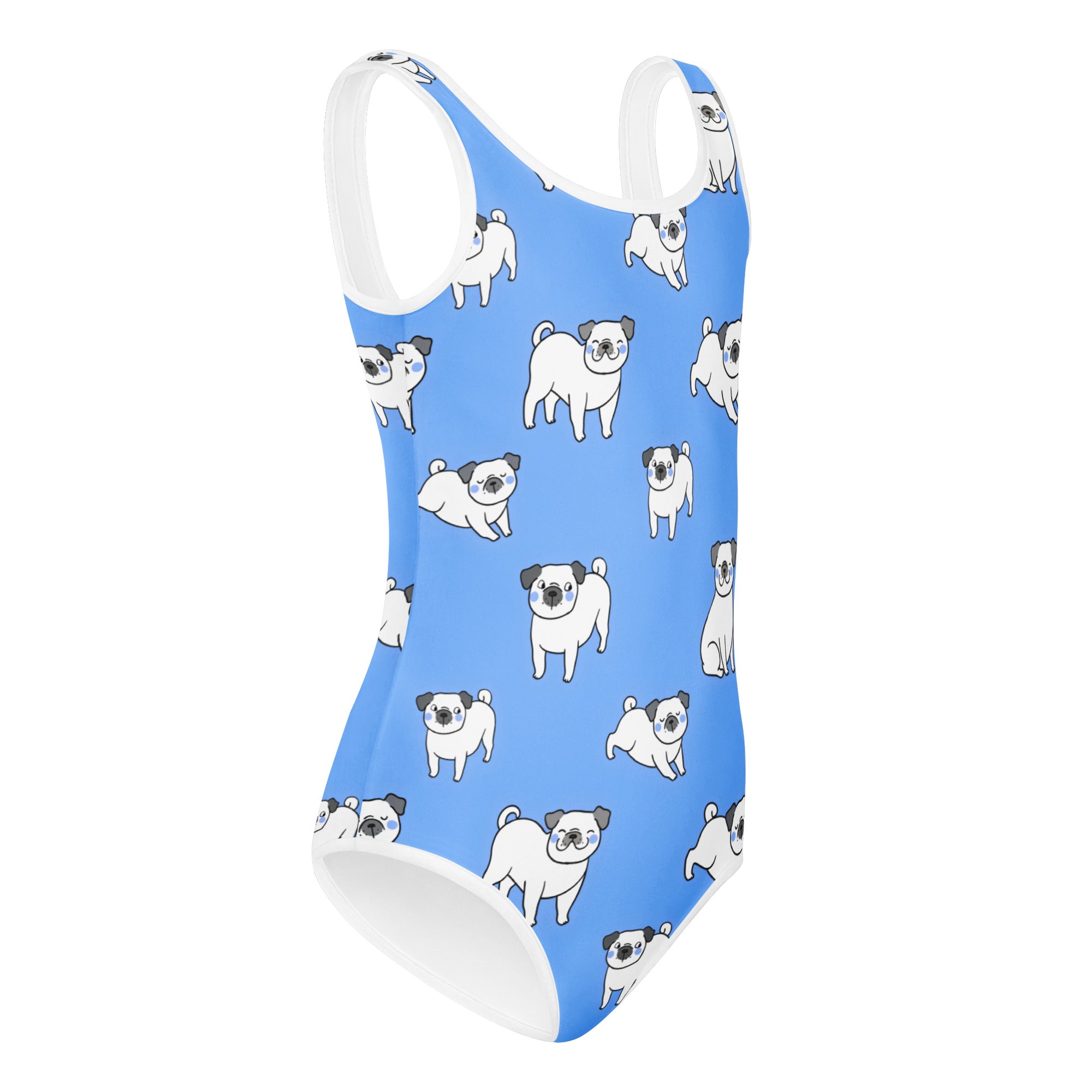 Girls blue one-piece swimsuit with white pug illustrations and white trim quick drying for dance and gymnastics