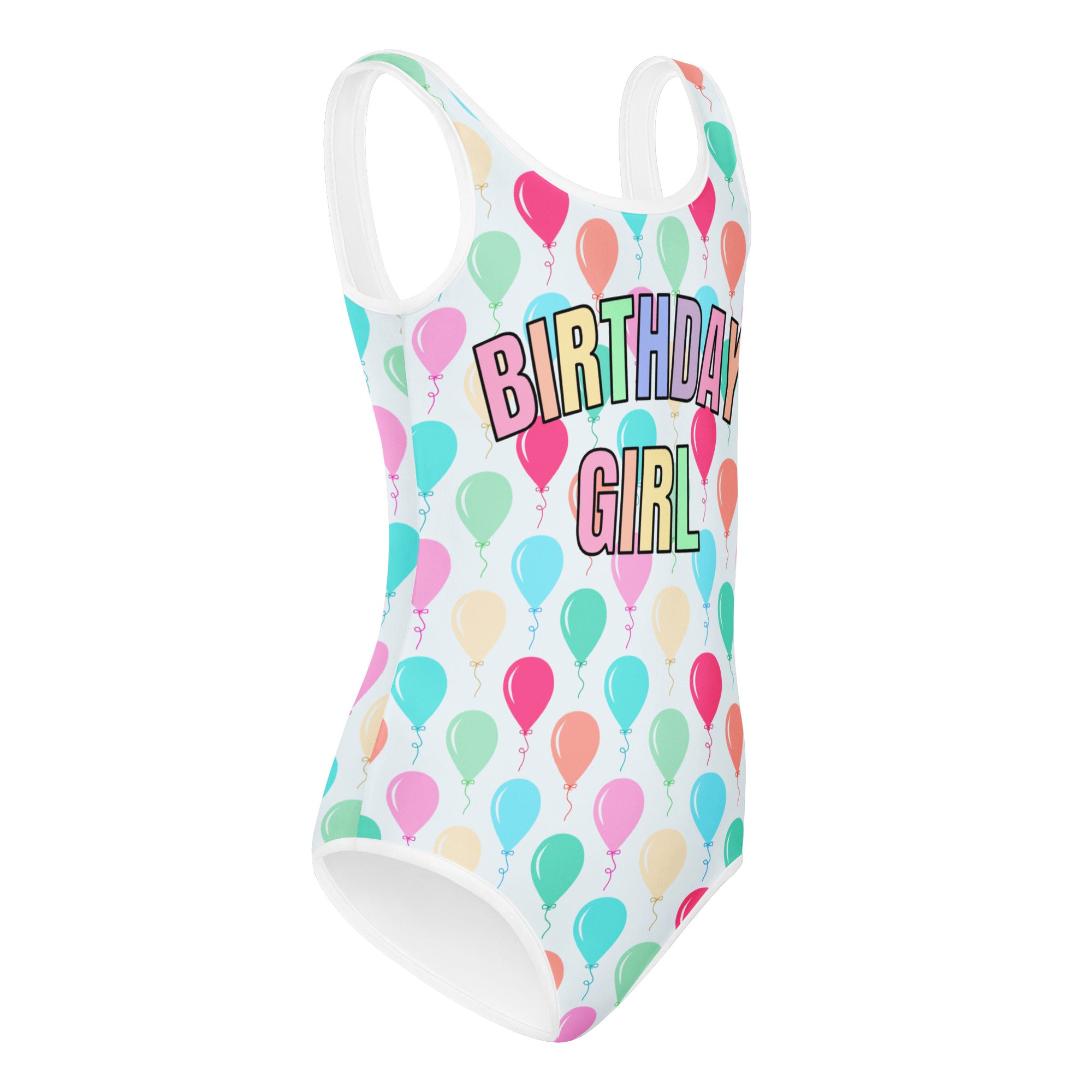 Girls birthday girl balloons buttery soft white one-piece swimsuit with colorful balloon pattern for dance and gymnastics