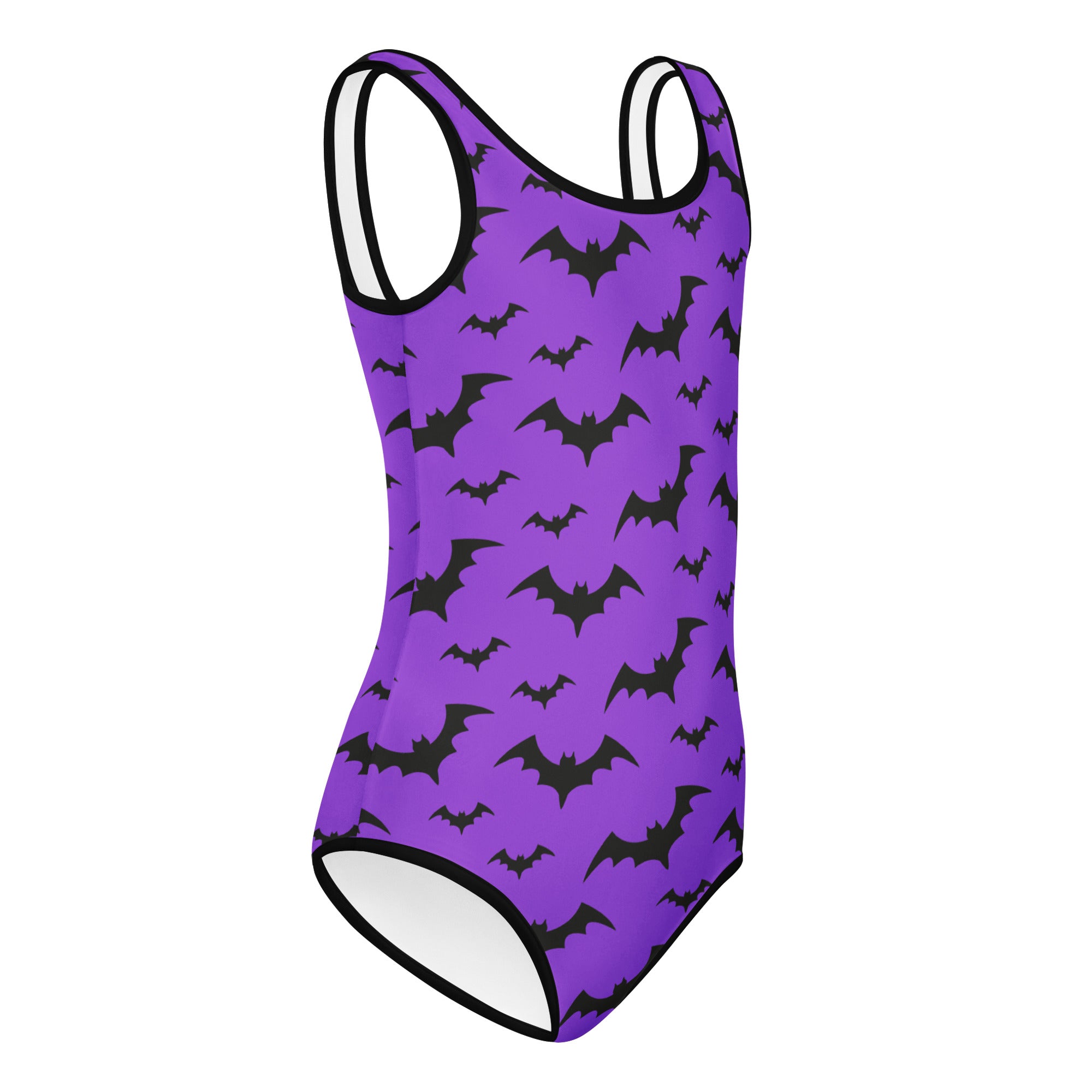Girls purple one-piece swimsuit with black bat pattern white trim buttery soft quick drying for dance and gymnastics