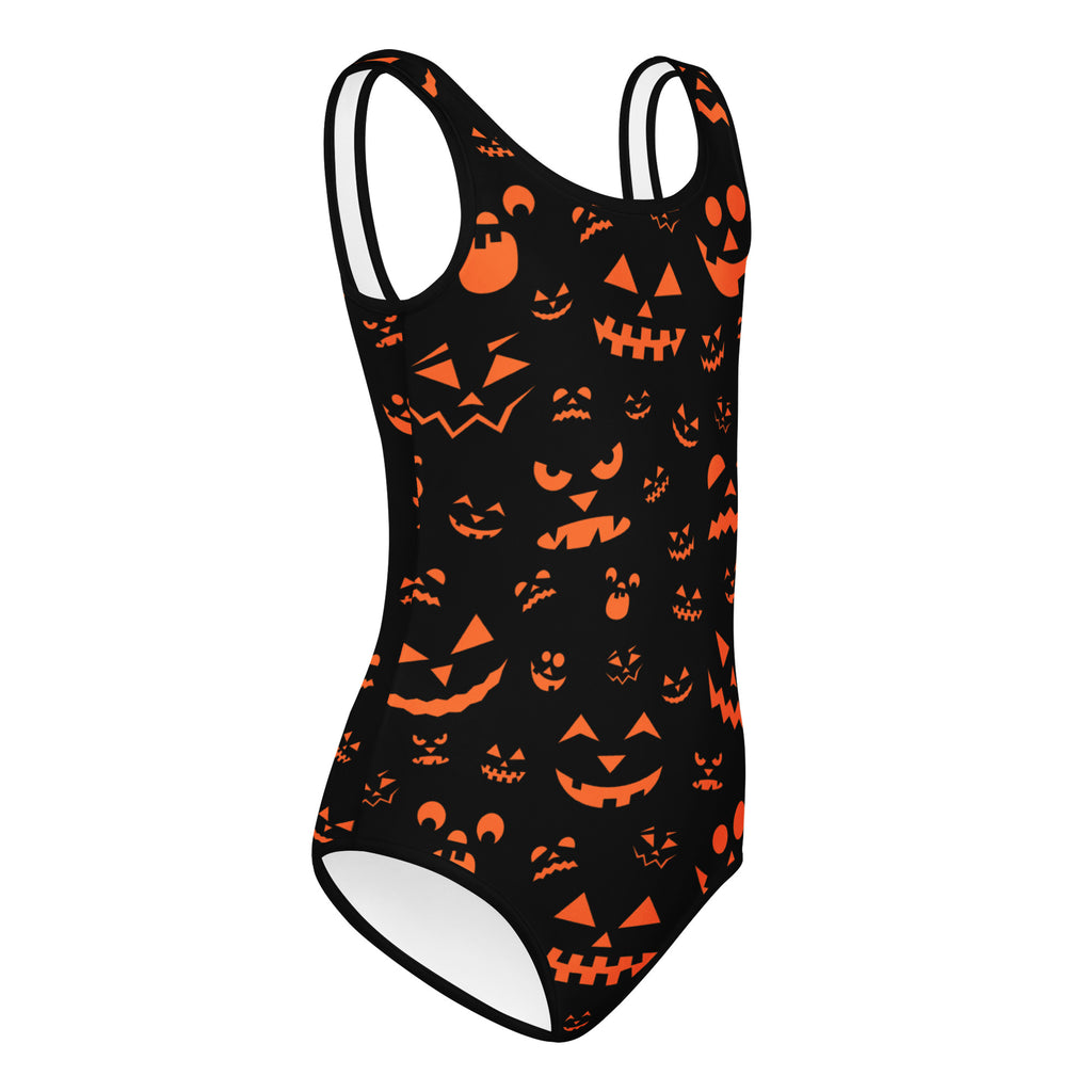 Black one-piece swimsuit with orange jack-o-lantern faces printed all over girls halloween buttery soft leotard